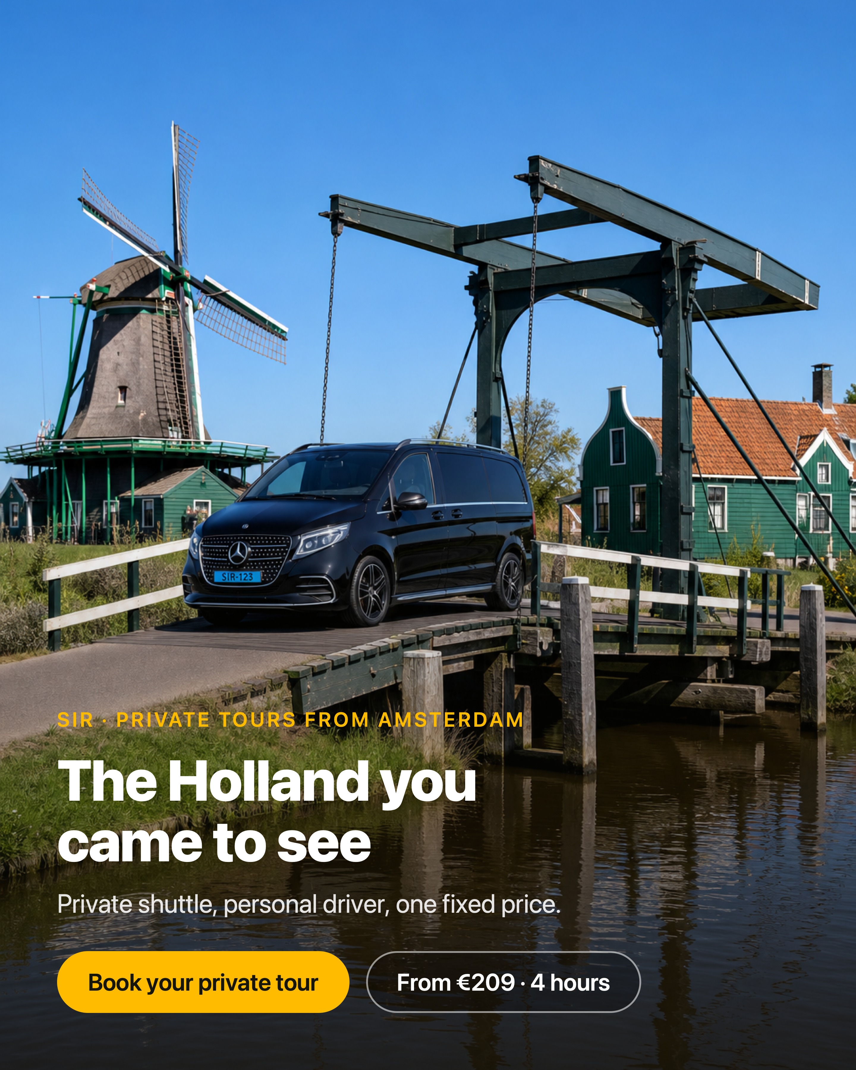 SIR Taxi Amsterdam Facebook ad: Private Windmill Tour, One Flat Price