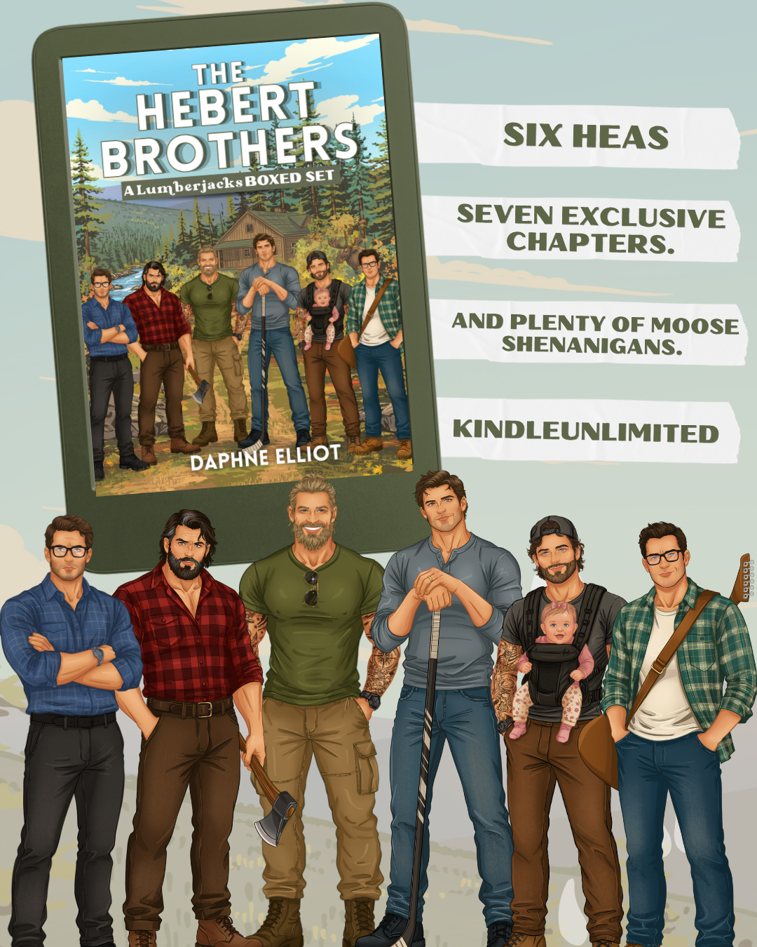 Daphne Elliot Facebook ad: All 6 Lumberjack Romances FREE in KU!