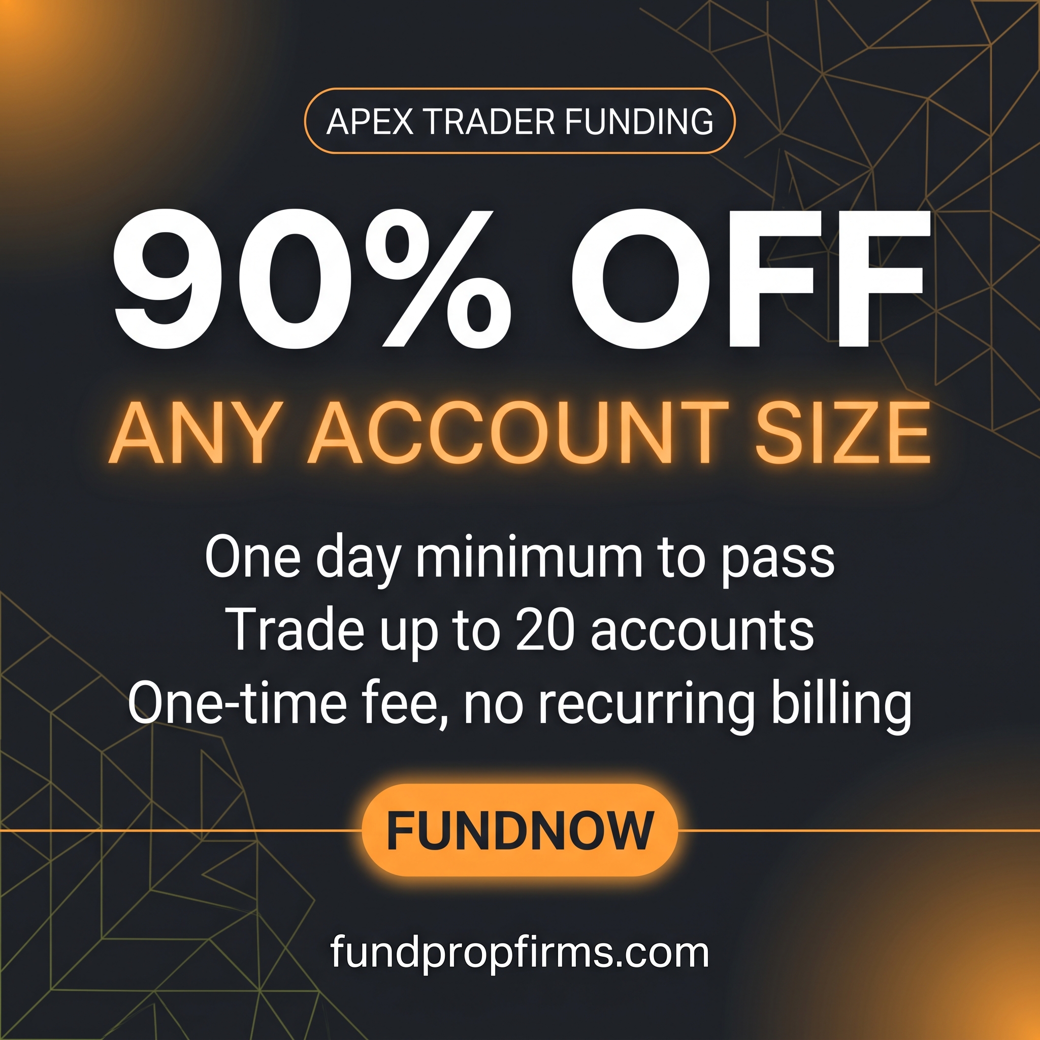 Fund Prop Firm Facebook ad: Apex 90% OFF, Coupon FUNDNOW