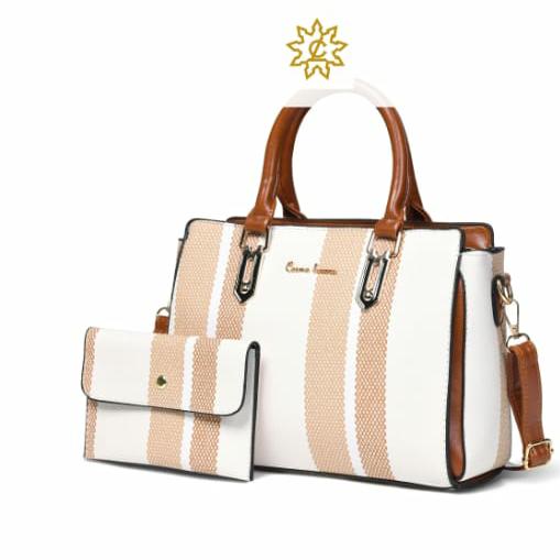 Cosmo Luxera Facebook ad: Elegant Strip Pattern Handbag with Matching Pouch