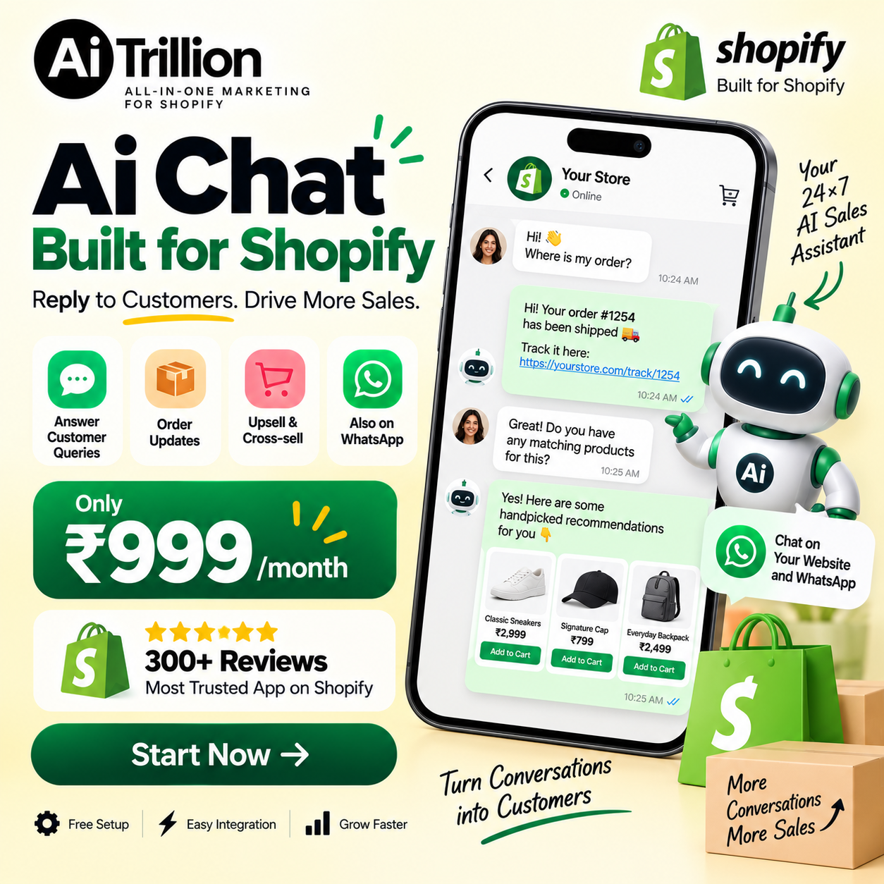 AiTrillion Facebook ad: AI Chat for Shopify at ₹999/Month