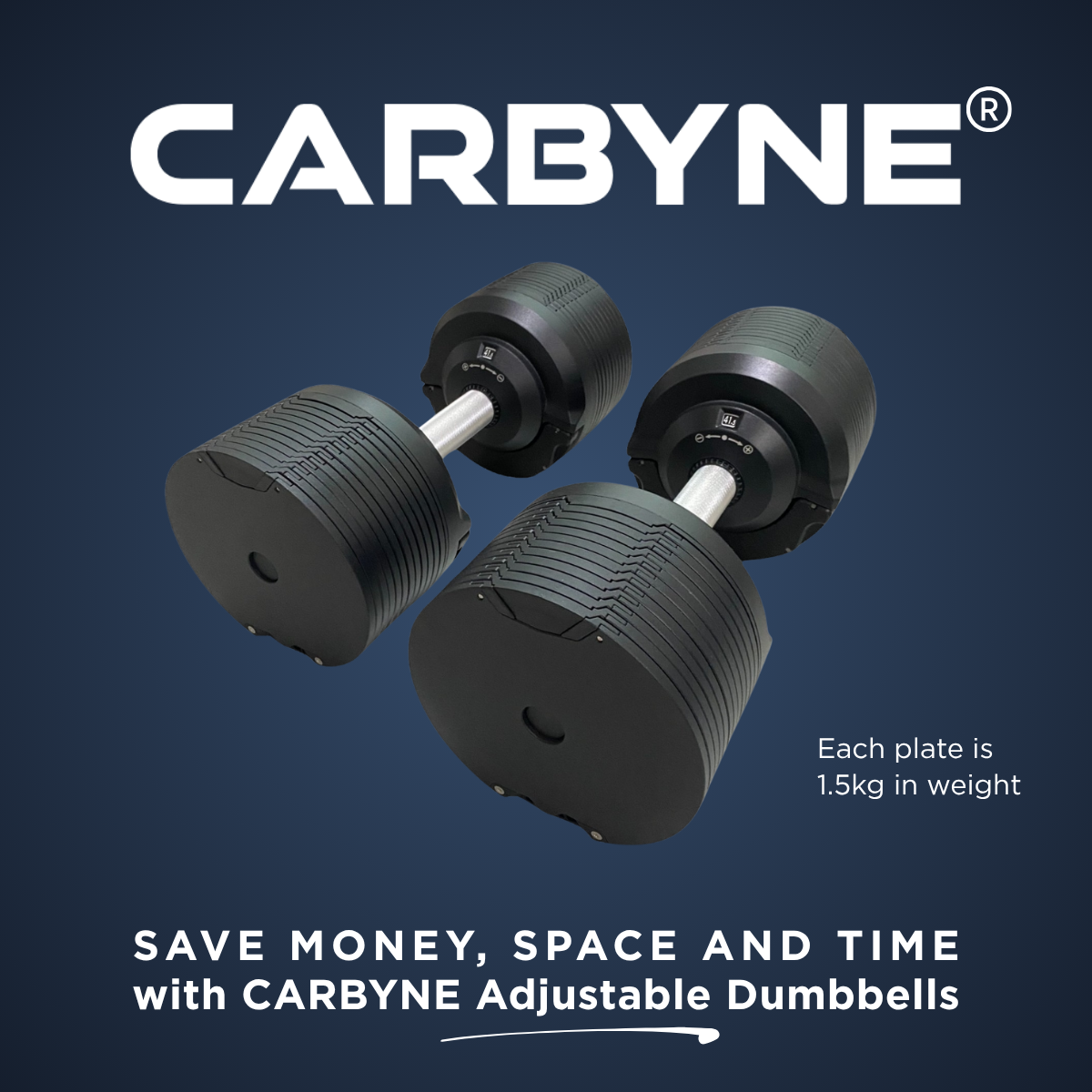 Carbyne Fitness MY Facebook ad: New Arrival: CARBYNE Adjustable Dumbbells in Black!