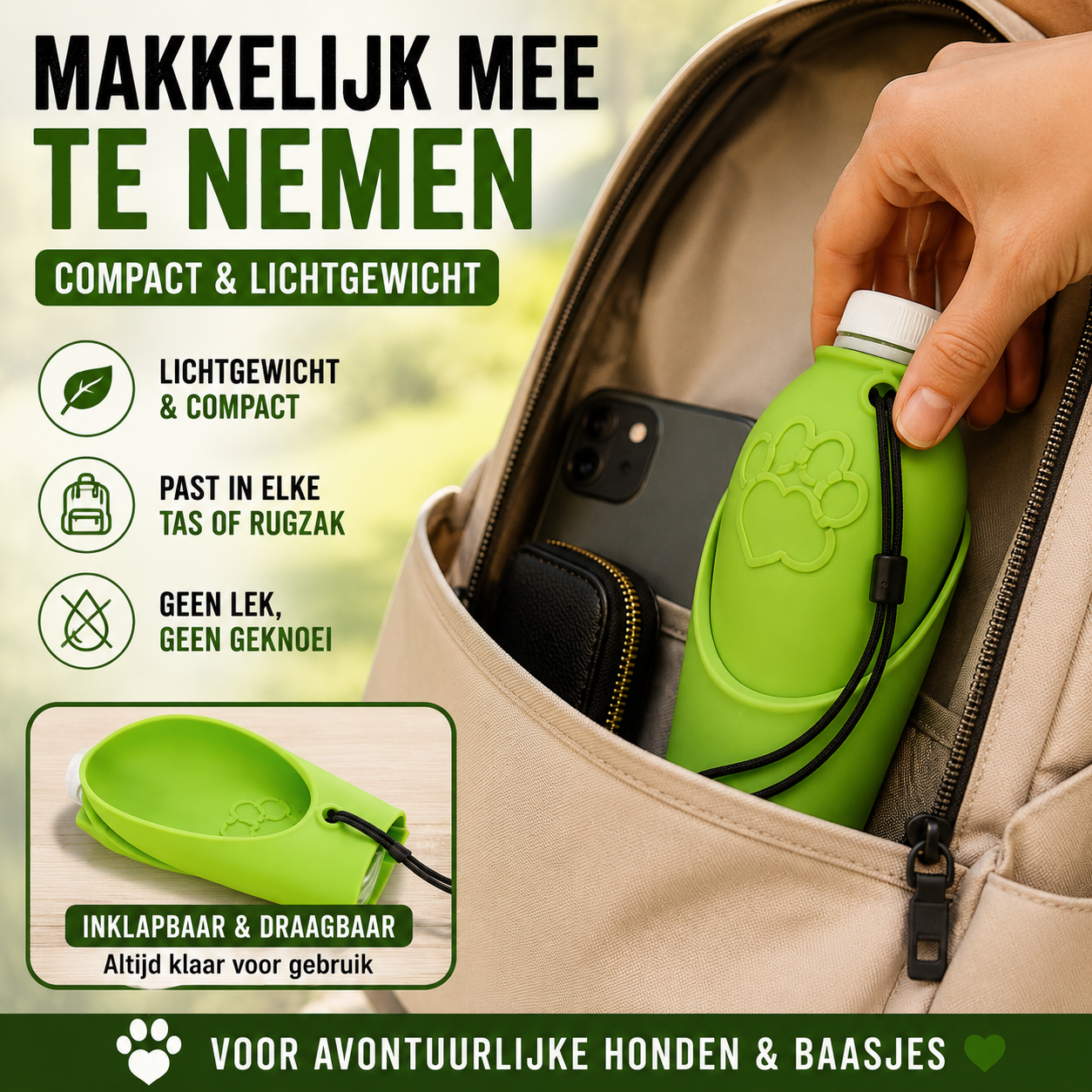 Pootr Facebook ad: Past in elke tas. Altijd water voor je hond.