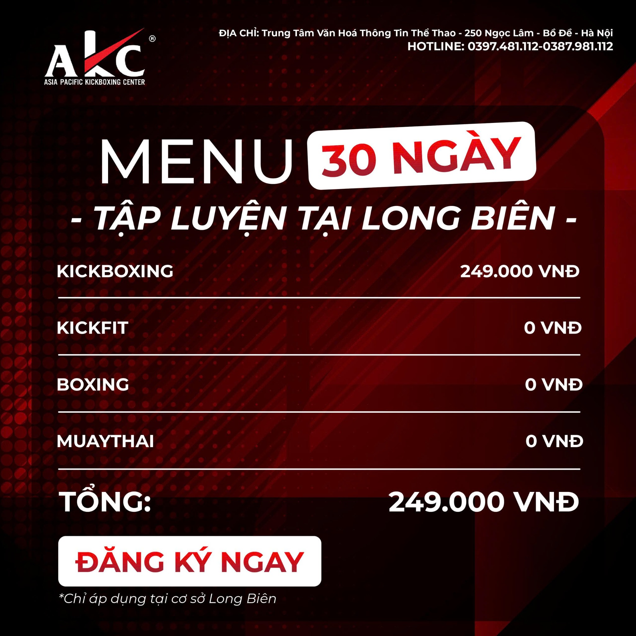 Kickboxing and Fitness Facebook ad: MENU 30 NGÀY TẬP LUYỆN CHỈ 249K, DUY NHẤT TẠI LONG BIÊN