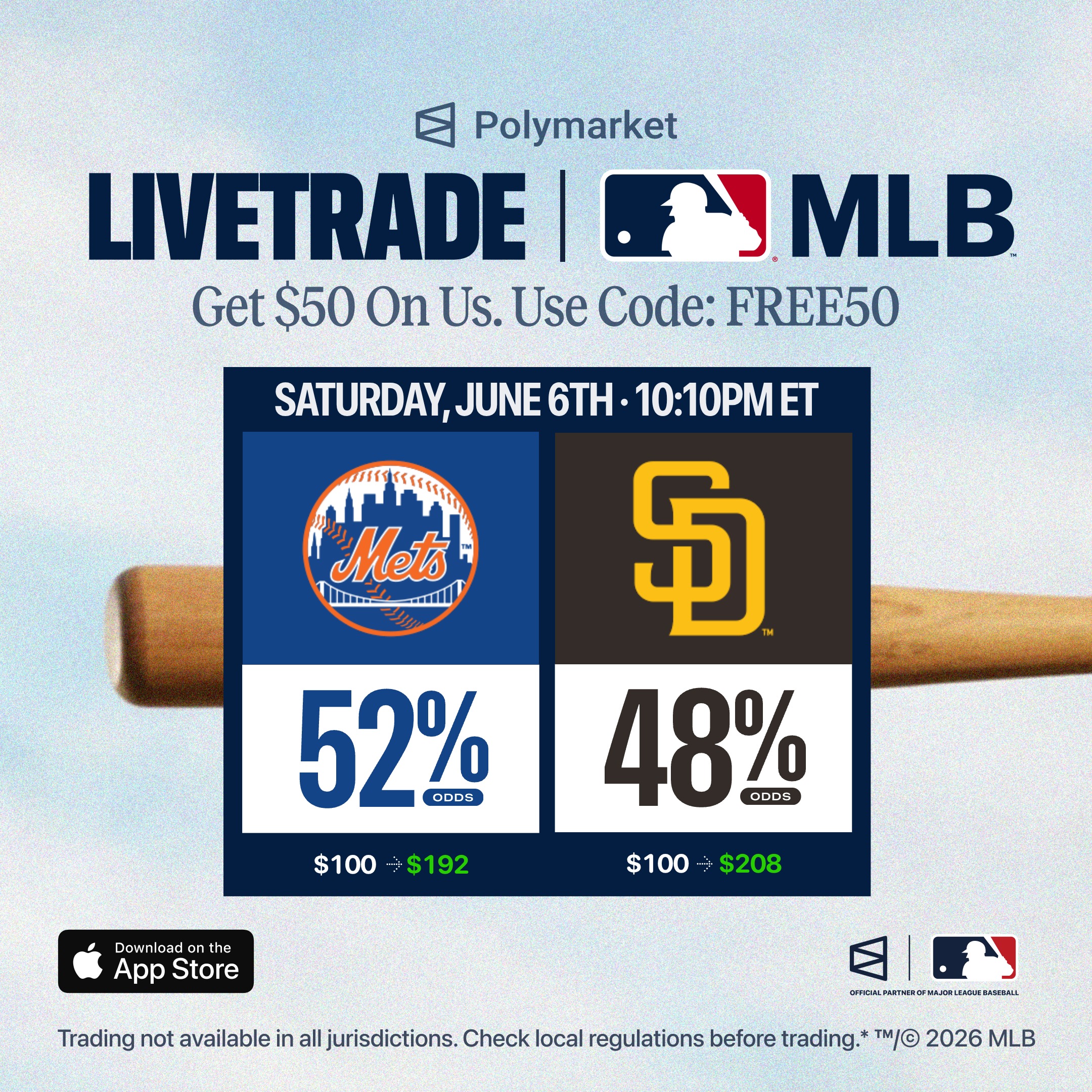 Polymarket Sports Facebook ad: Trade on today's Official MLB Markets on Polymarket.