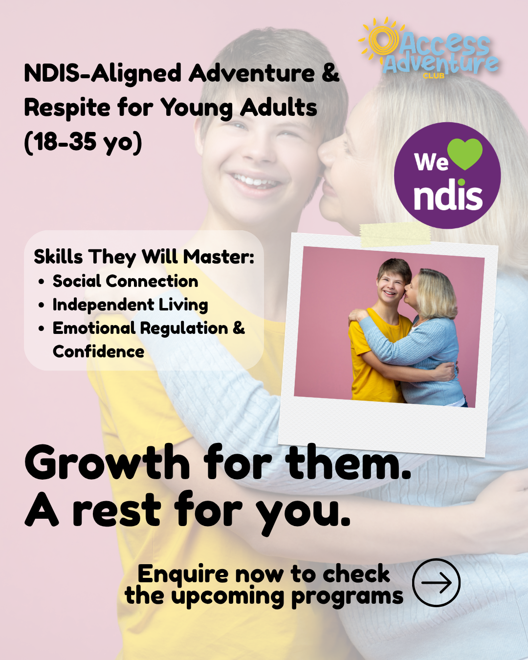 Access Adventure Club Facebook ad: Growth for them. A rest for you.