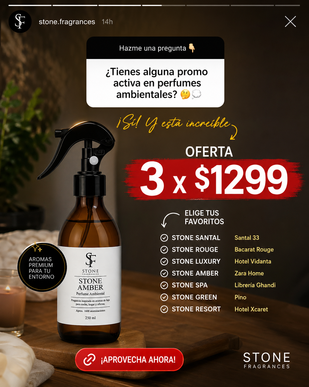 Stone Fragrances México Facebook ad: Llévate 3 perfumes ambientales por $1,299