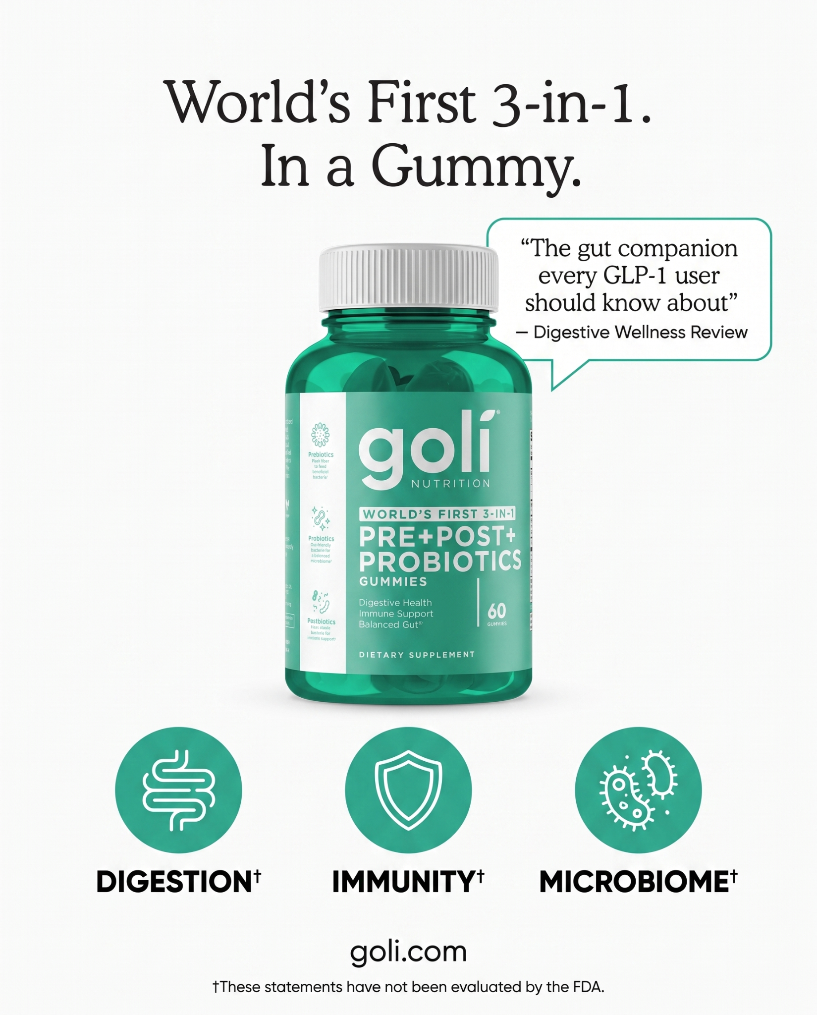 Goli Facebook ad: World's First 3 in 1 Probiotic Gummy