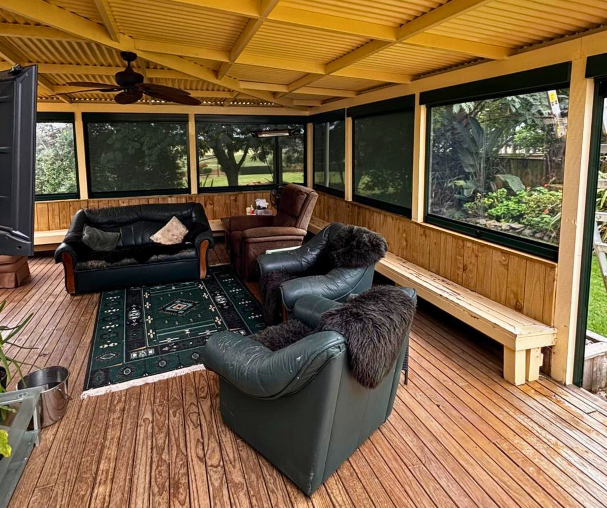 Shadeland Facebook ad: 18 Shadetrack Pro blinds turned this farm porch…