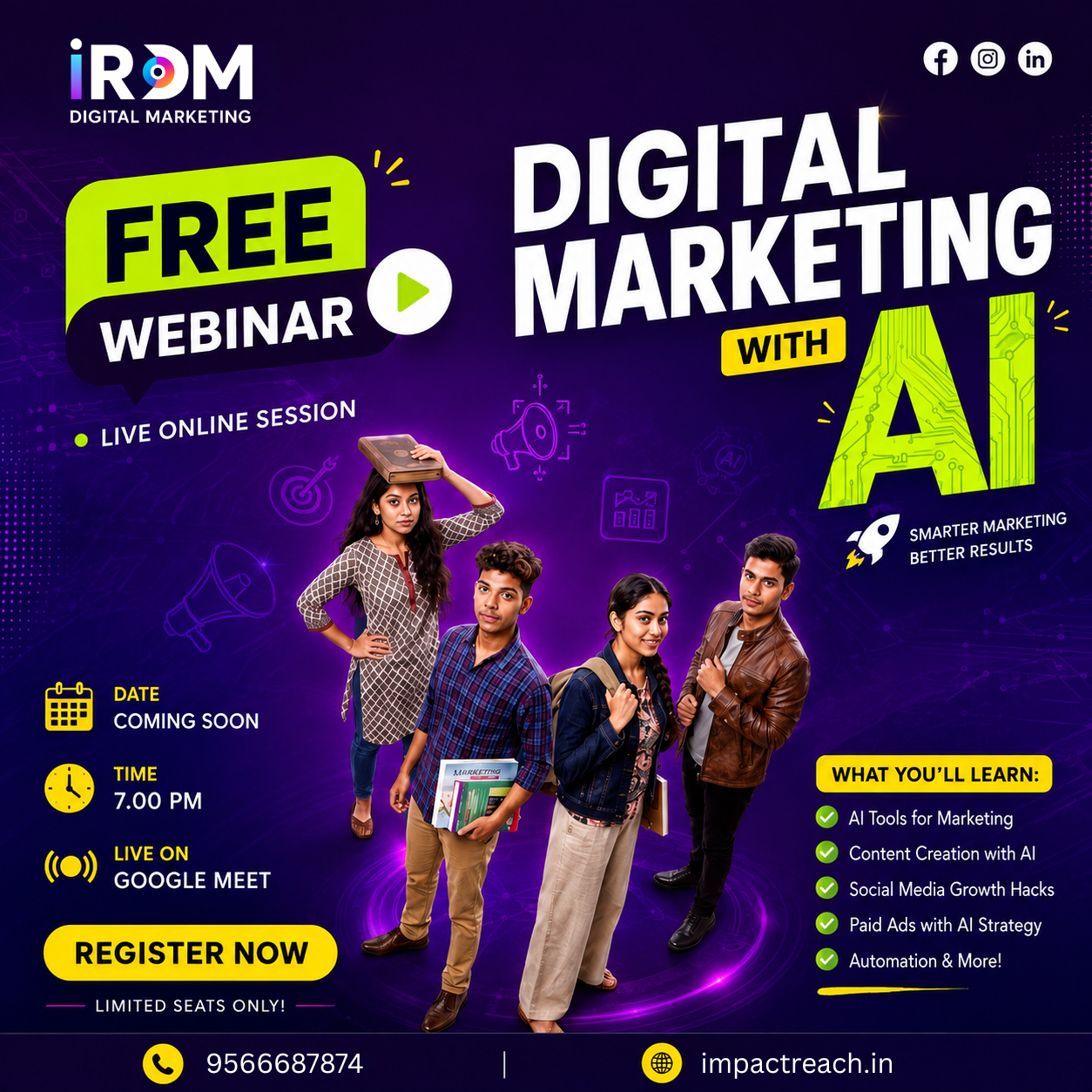 IRDM Digital Marketing Facebook ad: FREE Digital Marketing Webinar with AI