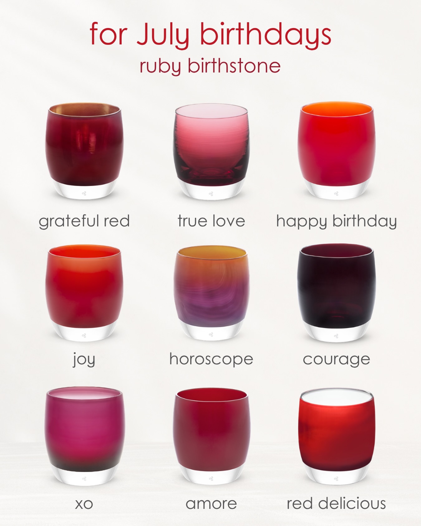 glassybaby Facebook ad: July’s birthstone, the ruby, is known for its…