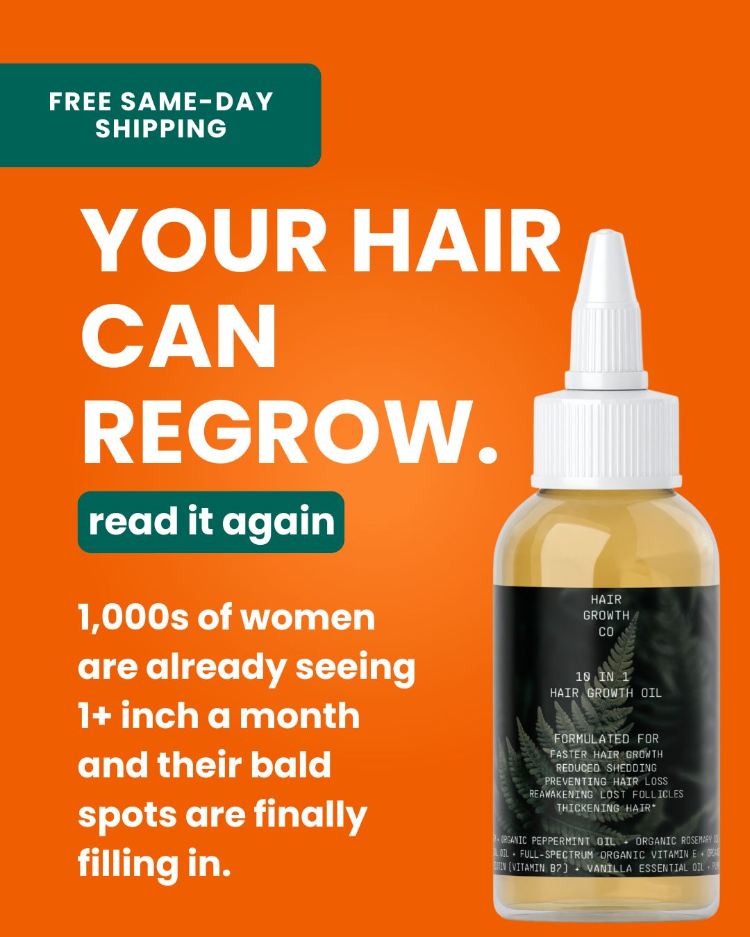 Hair Growth Company Facebook ad: 19 + FREE Same Day Shipping.