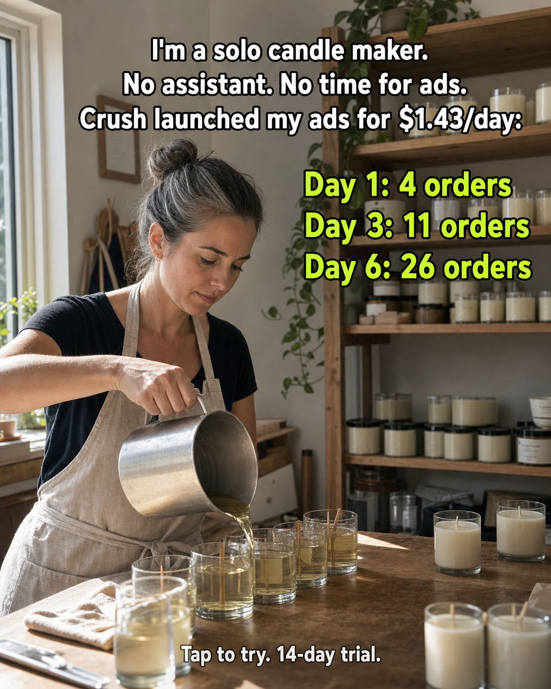 trycrush.ai Facebook ad: I'm a solo candle maker. No time for ads.