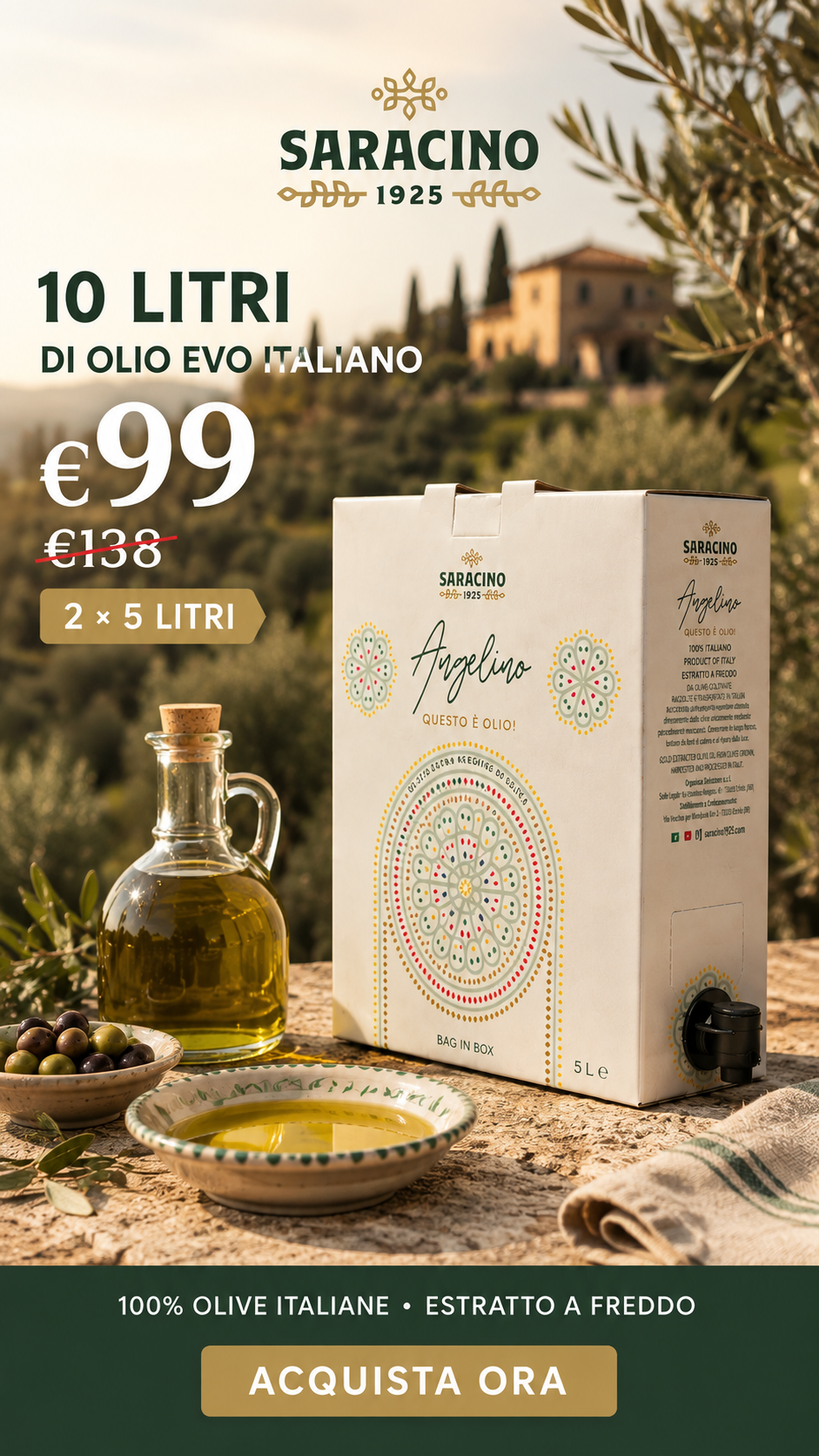 Saracino 1925 Facebook ad: €9,90 AL LITRO