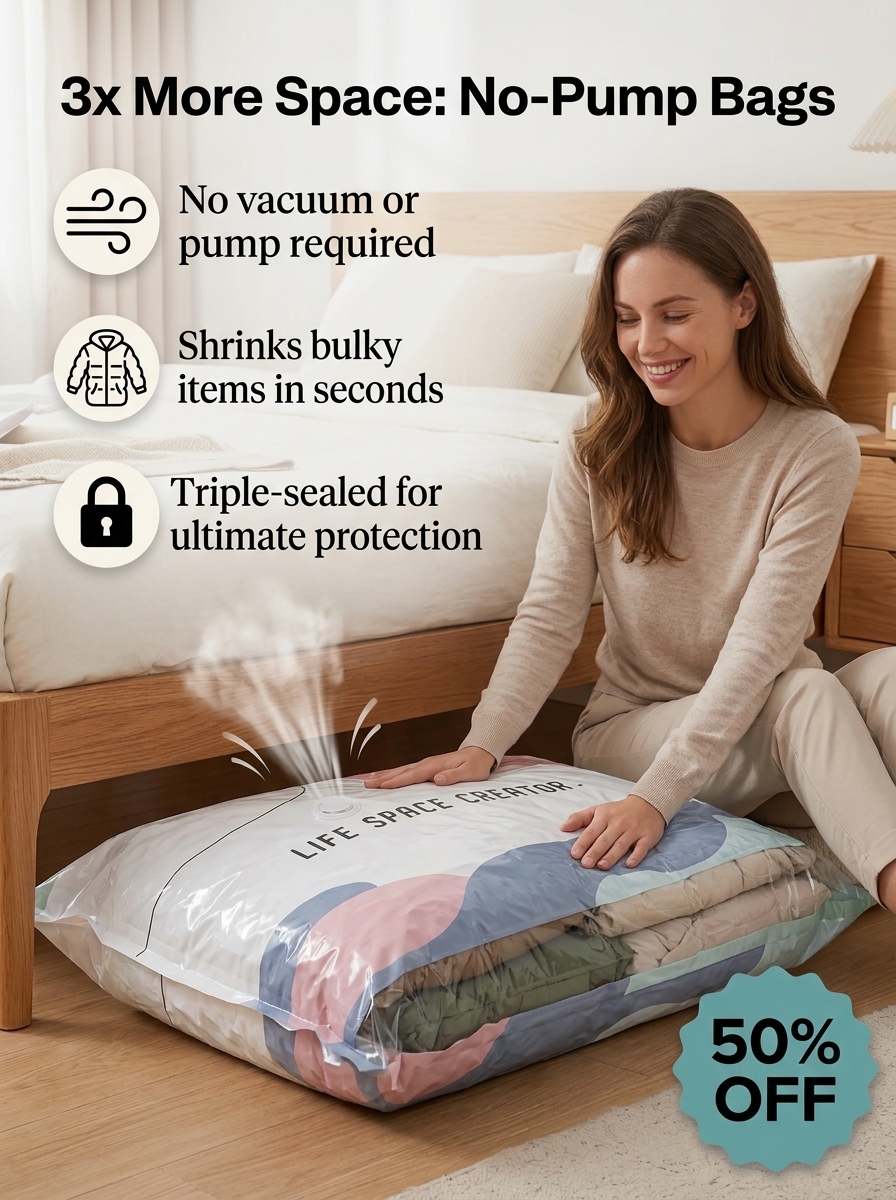 Rowgins3 Facebook ad: No-Pump Vacuum Storage Compression Bags