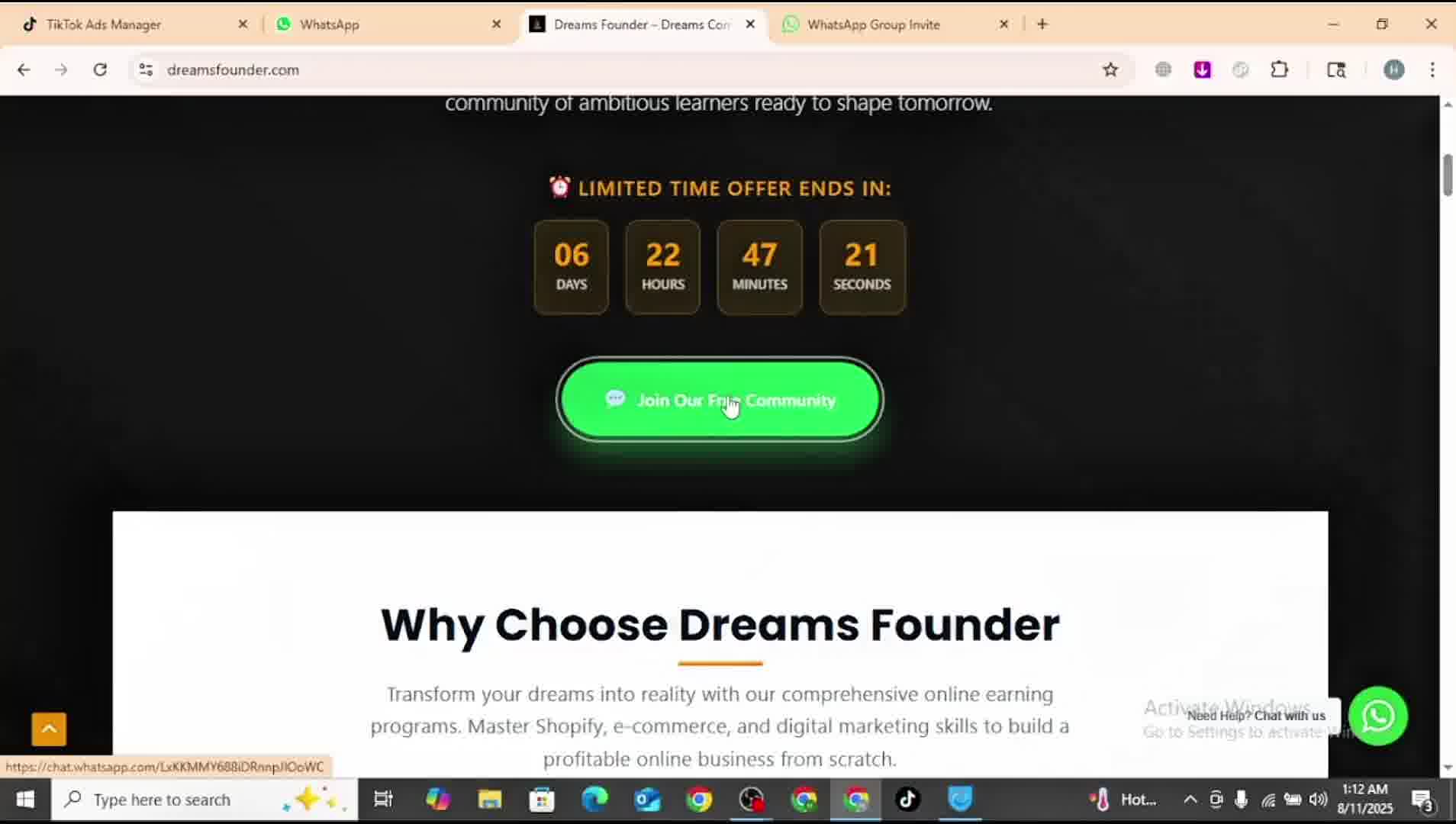 Dream Founder Facebook ad: Join Free Class