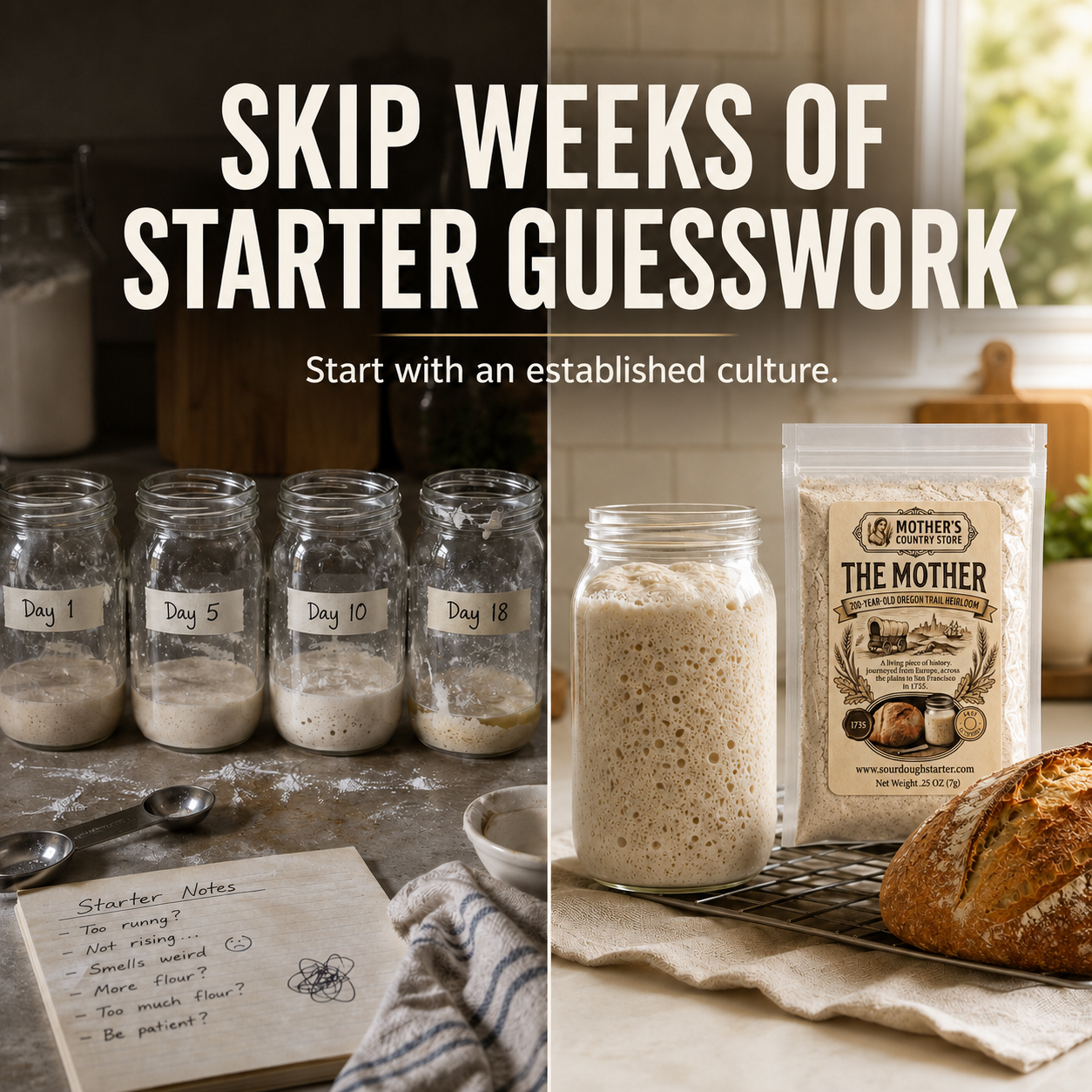 Mother's Country Store Facebook ad: Skip Weeks of Starter Guesswork