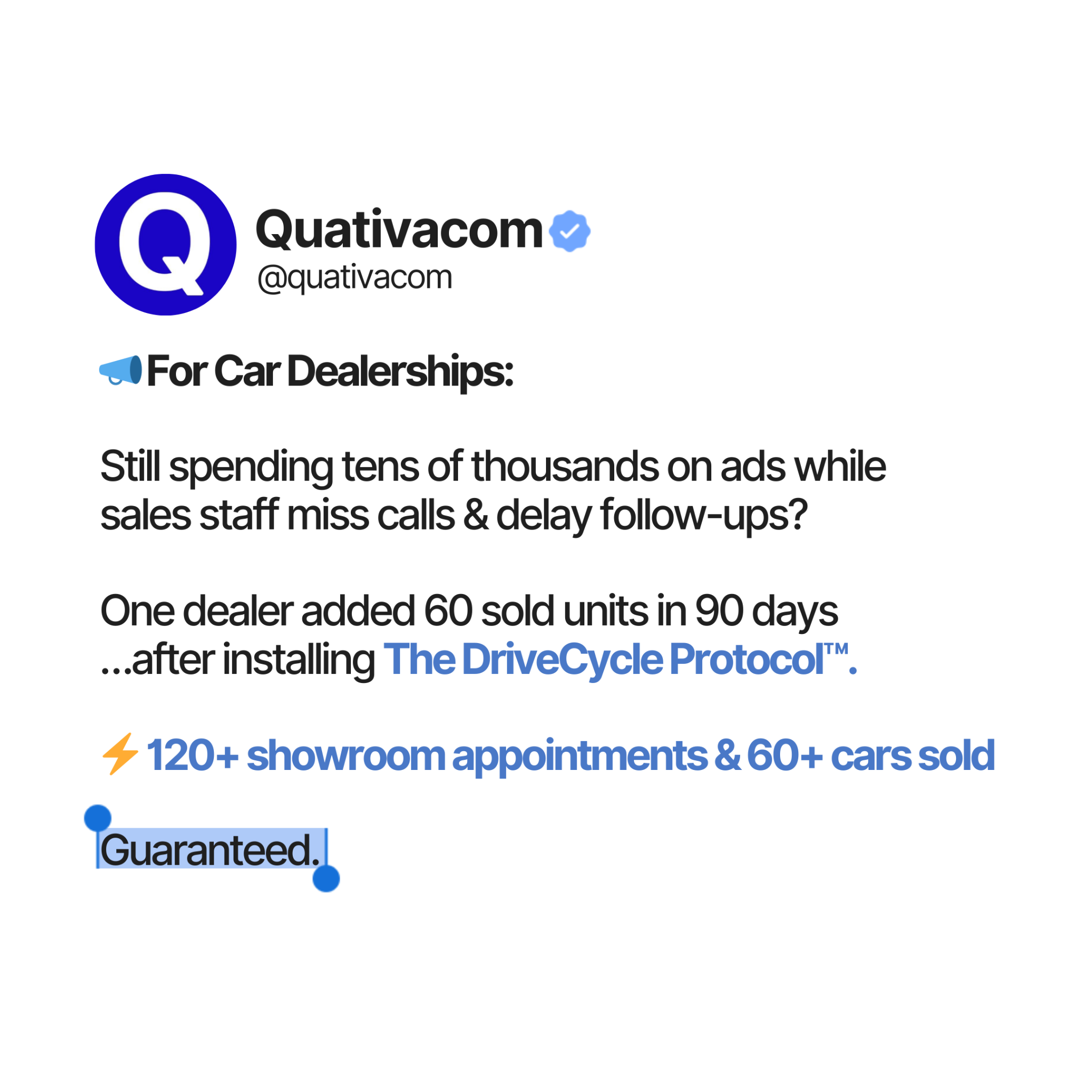 Quativacom Facebook ad: Car Dealerships: Add 120+ Showroom Appointments & 60+ Sold…
