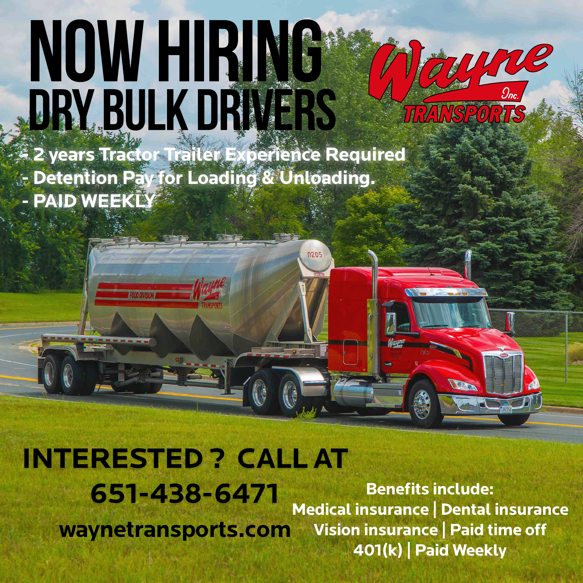 Wayne Transports, Inc. Facebook ad: Wayne Transports is hiring full-time dry bulk drivers…