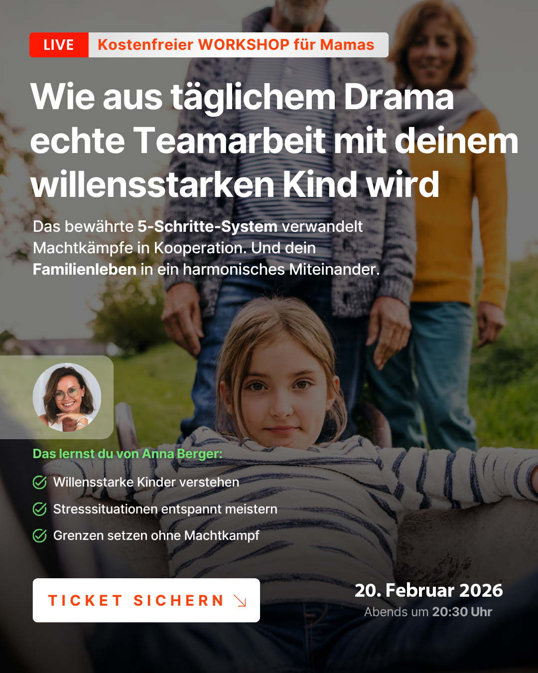 Familyflow Anna Berger Facebook ad: Live-Webinar am 20.02. für willensstarke Kinder