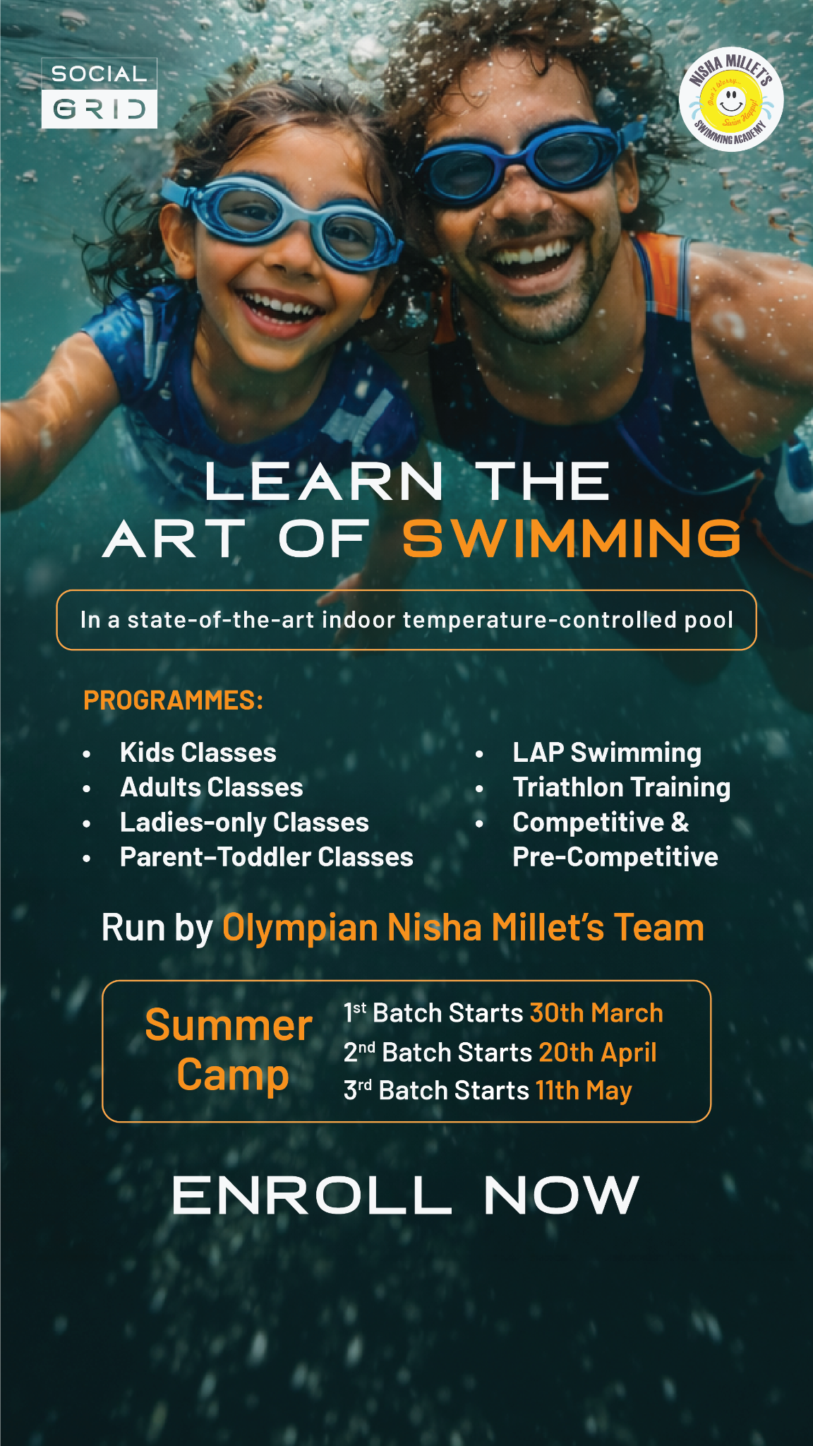 Social Grid Facebook ad: Learn swimming in a temperature-controlled indoor pool in…