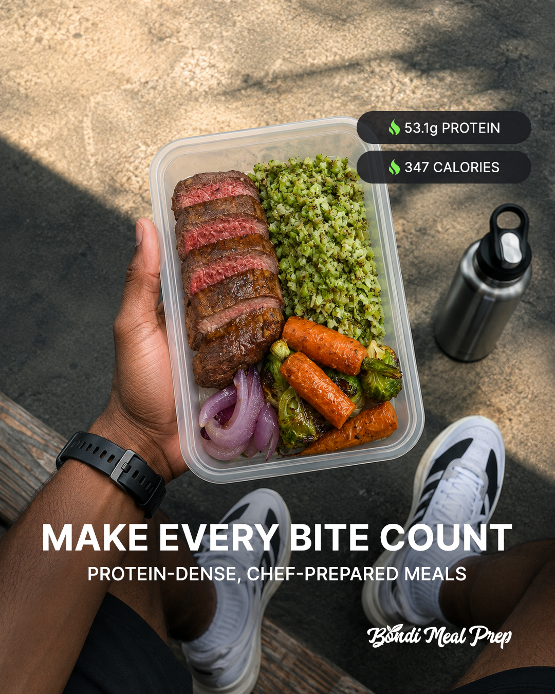 Bondi Meal Prep Facebook ad: 53.1g protein, 347 calories