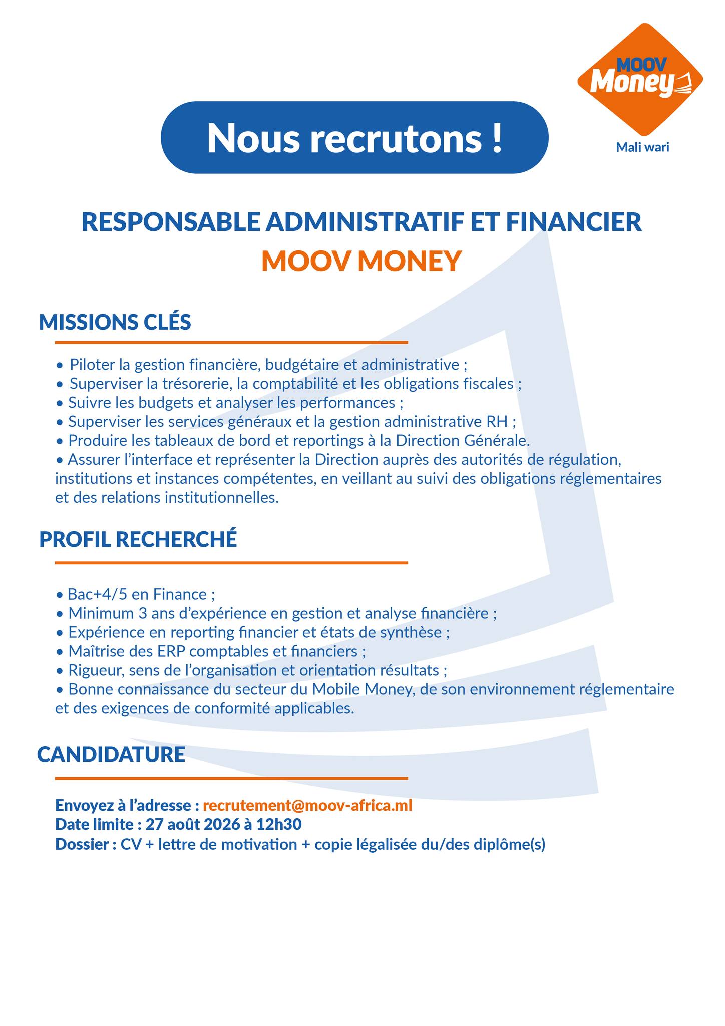 Moov Africa Malitel Facebook ad: Moov Money recrute!