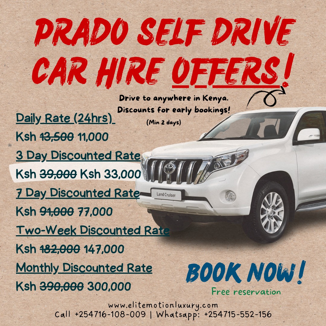 EliteMotion Luxury Car Hire Facebook ad: PRADO SELF DRIVE CAR HIRE OFFERS!