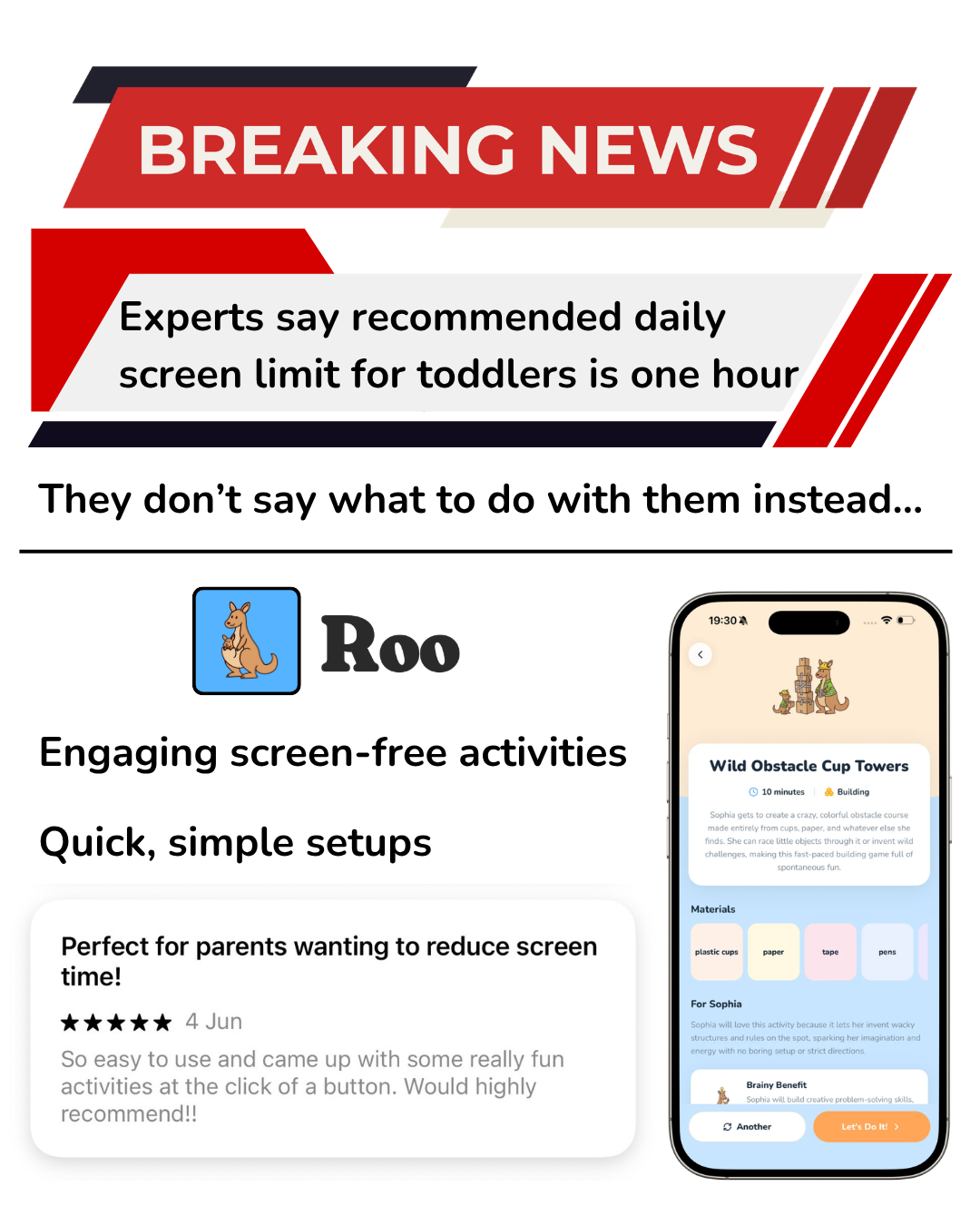 Roo - Kids Activities Facebook ad: Screen-free activities in seconds
