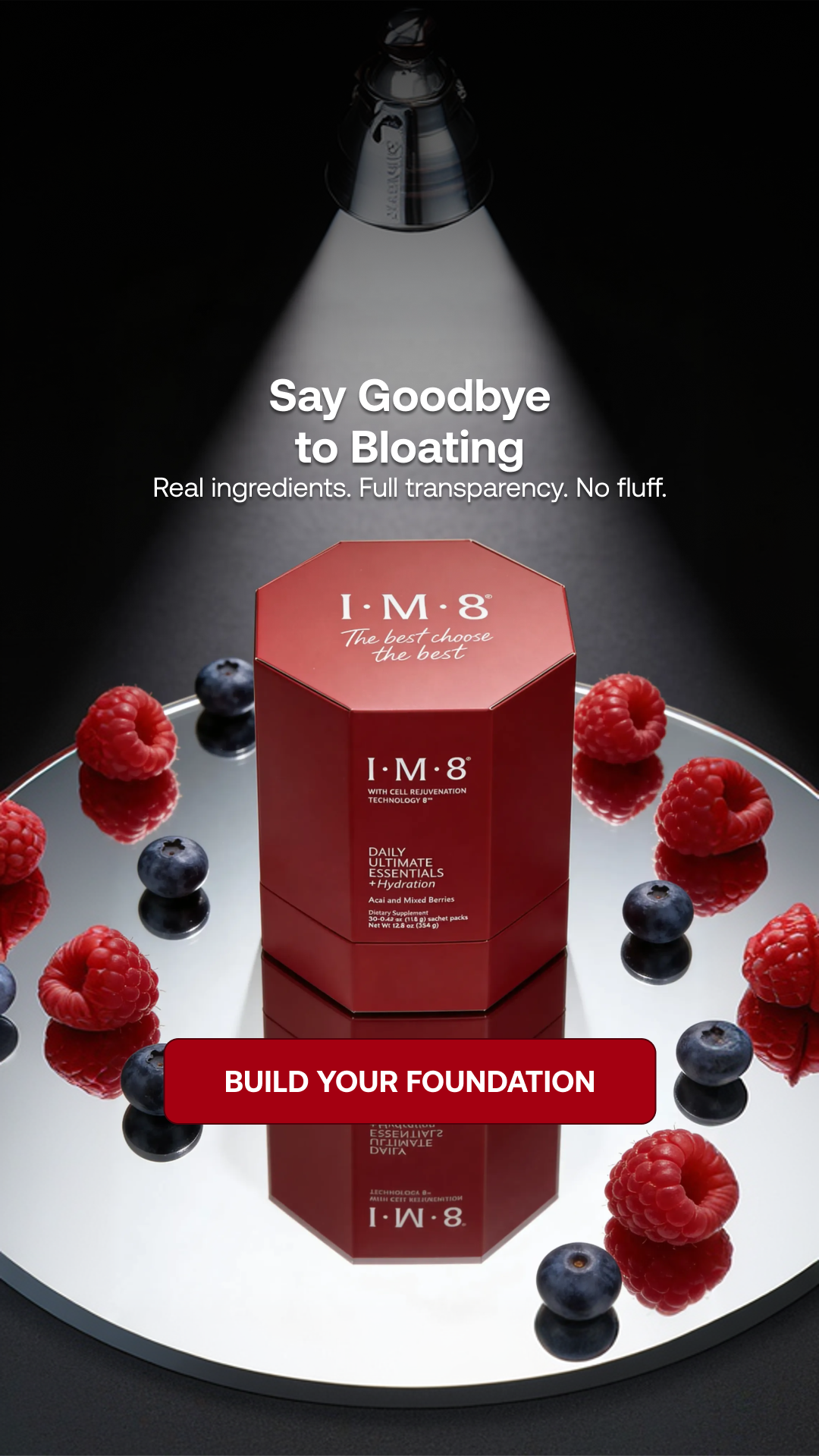 IM8 Facebook ad: One Scoop. 16 Supplements. Zero Guesswork.