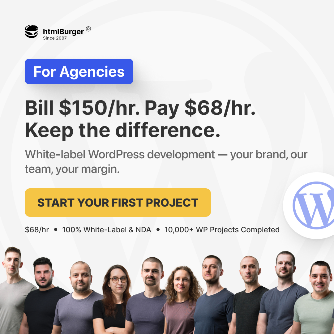 htmlBurger Facebook ad: White-Label WordPress Dev at $68/hr