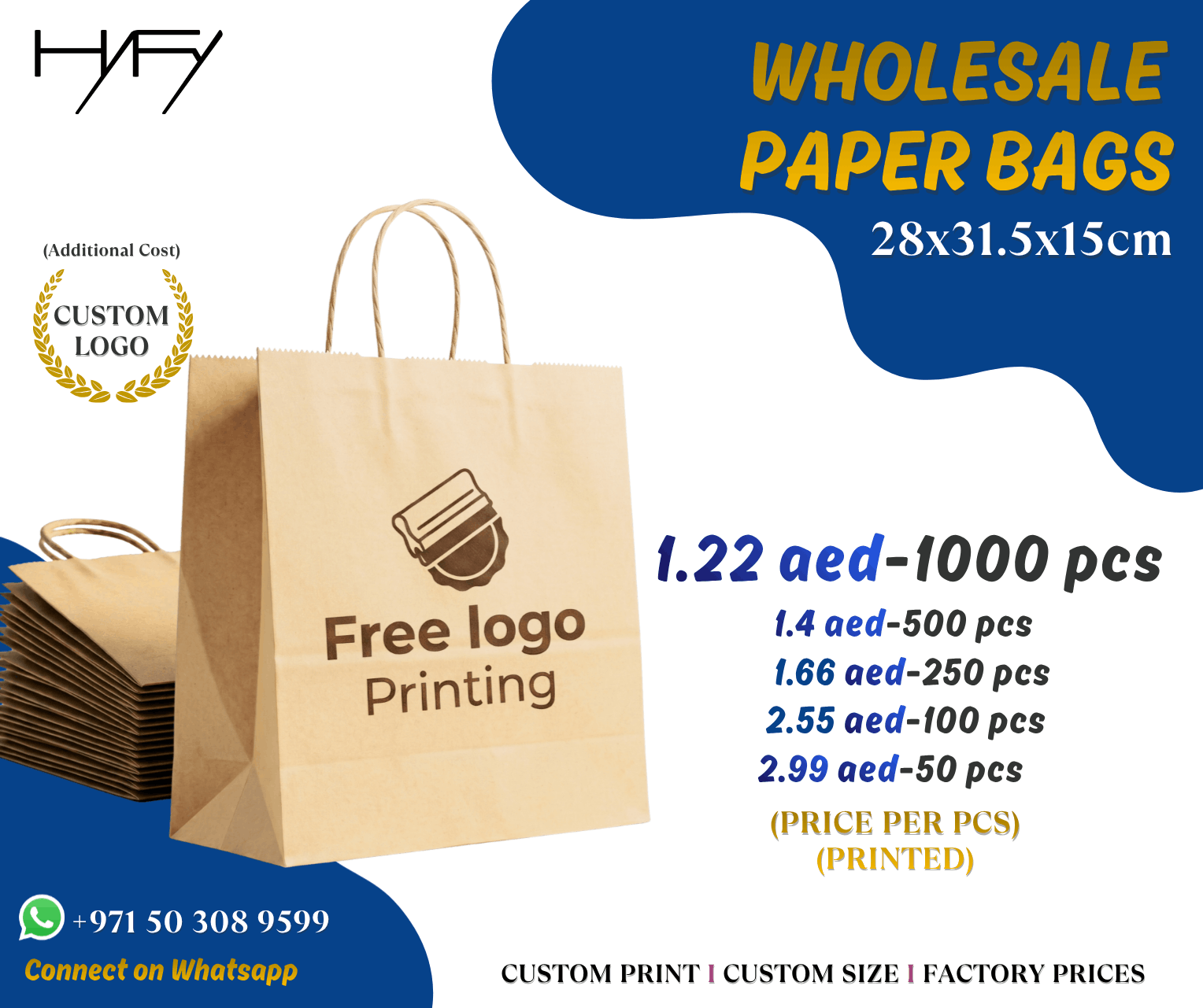 HYFY Facebook ad: Custom Printed Paper Bags | Low MOQ of Just 50 Pcs!