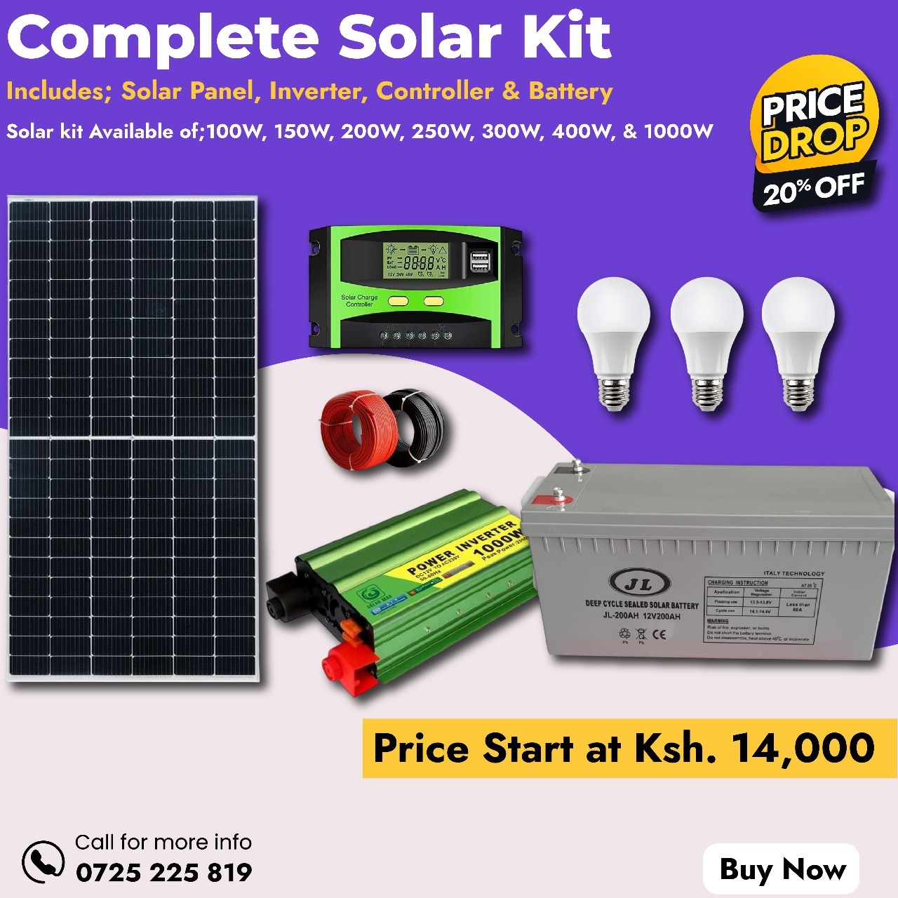 Solux Enterprises Facebook ad: 100W Kit, Ksh. 14,000 150W Kit, Ksh. 17,000 200W Kit, Ksh…