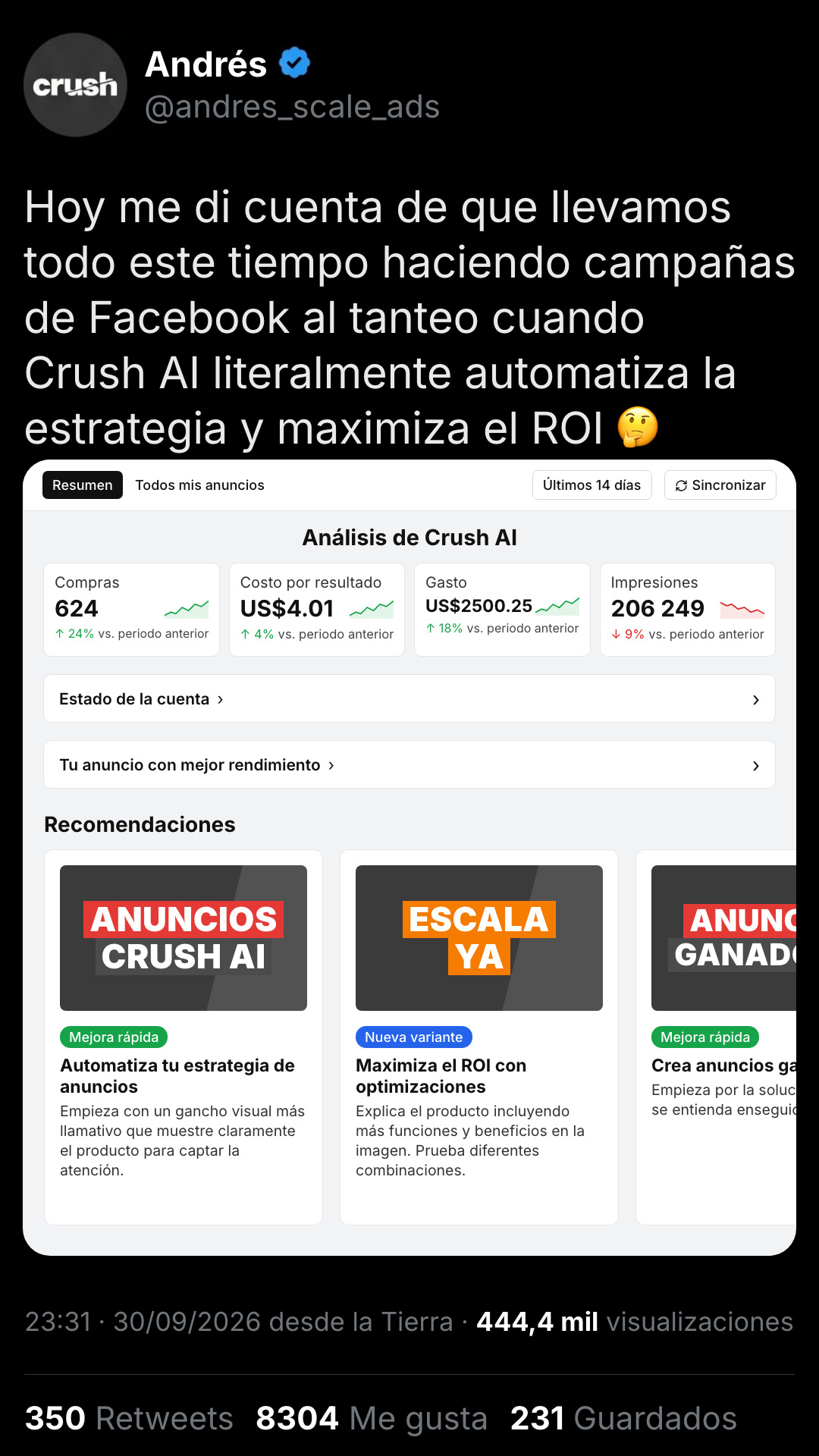 trycrush.ai Facebook ad: No vuelvas a manejar tus anuncios