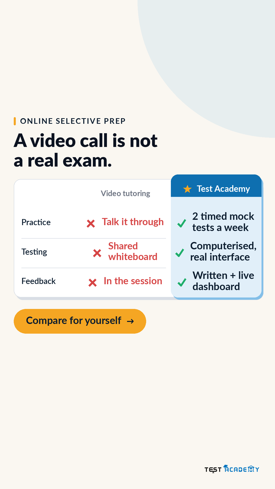 Test Academy Facebook ad: A video call isn't an exam