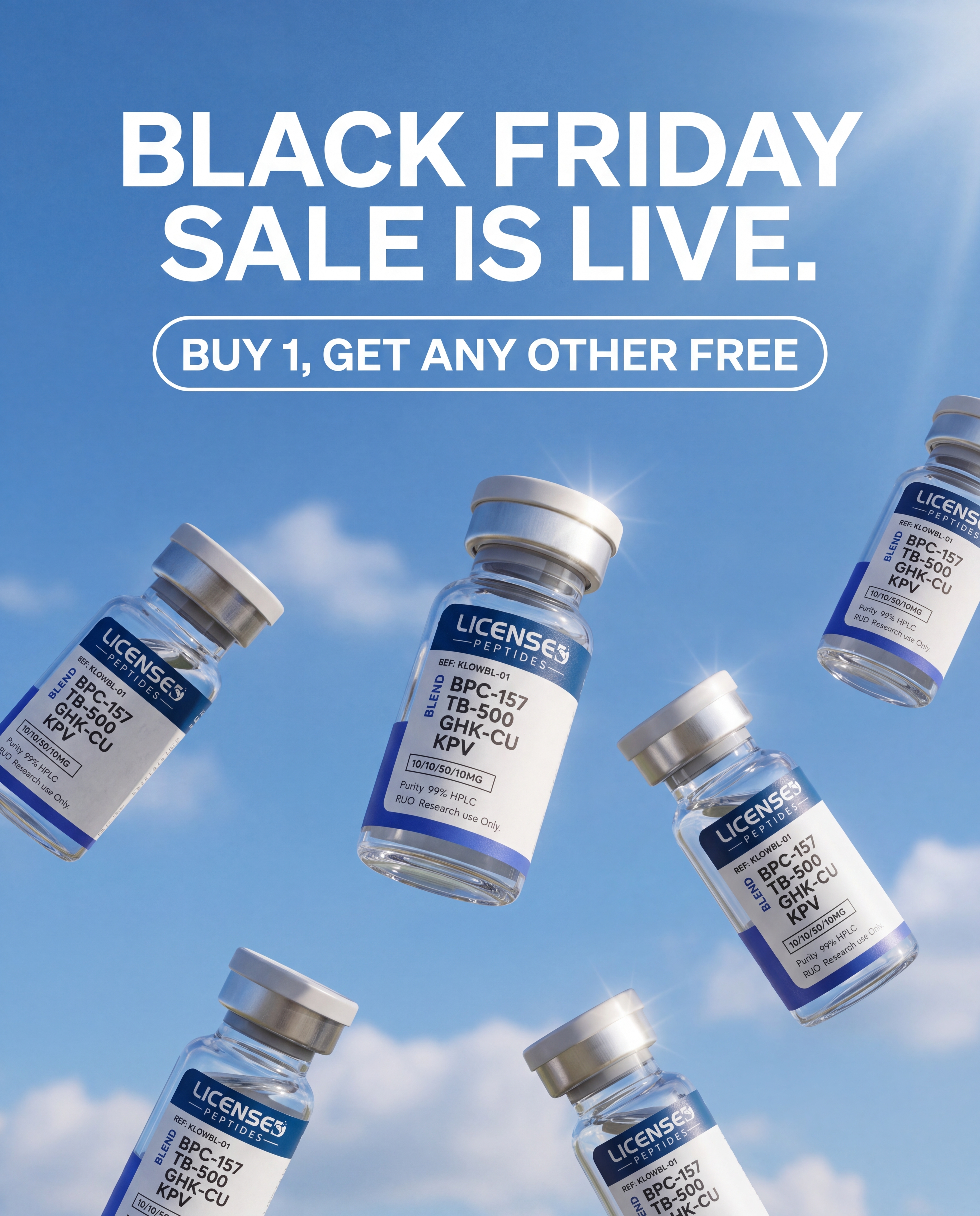 Licensed Peptides Facebook ad: 2 FOR 1, PICK ANY VIAL FREE