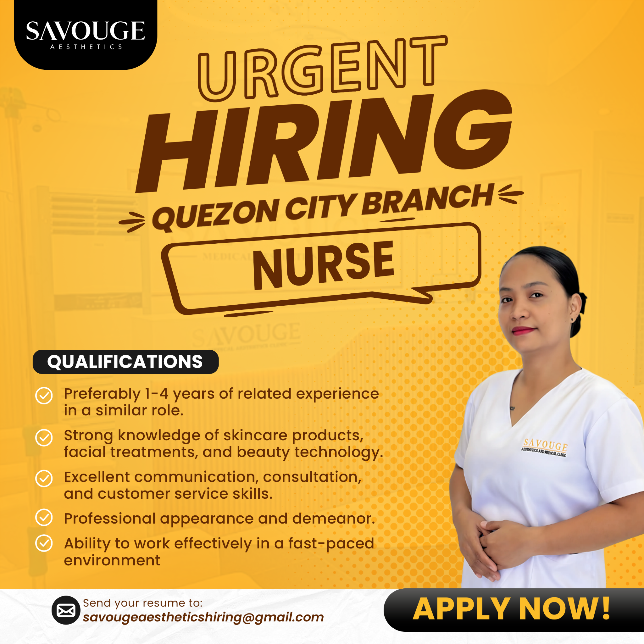 Opportunities by Savouge Aesthetics Facebook ad: HIRING, Nurse in Quezon City