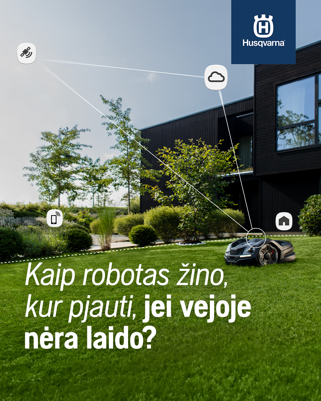 Husqvarna Facebook ad: Belaidis robotas vejapjovė nevažiuoja bet kur.