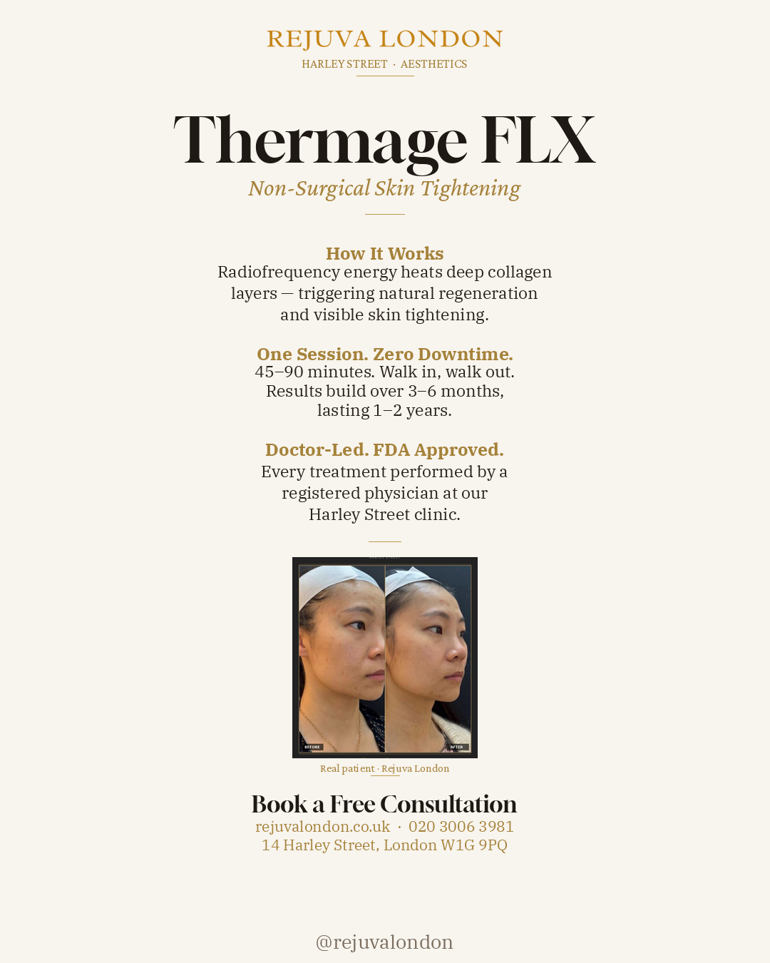 Rejuva London Clinic Facebook ad: Thermage FLX · Non-Surgical Skin Tightening
