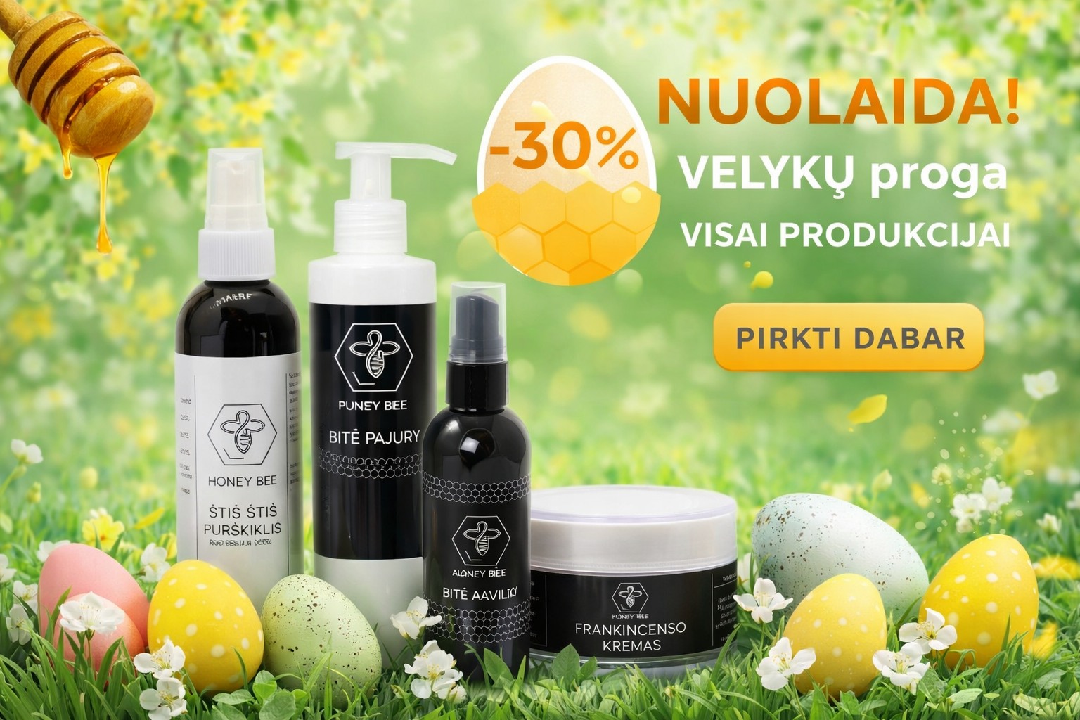 Honey bee Facebook ad: Velykinė net -30% nuolaida visiems produktams…