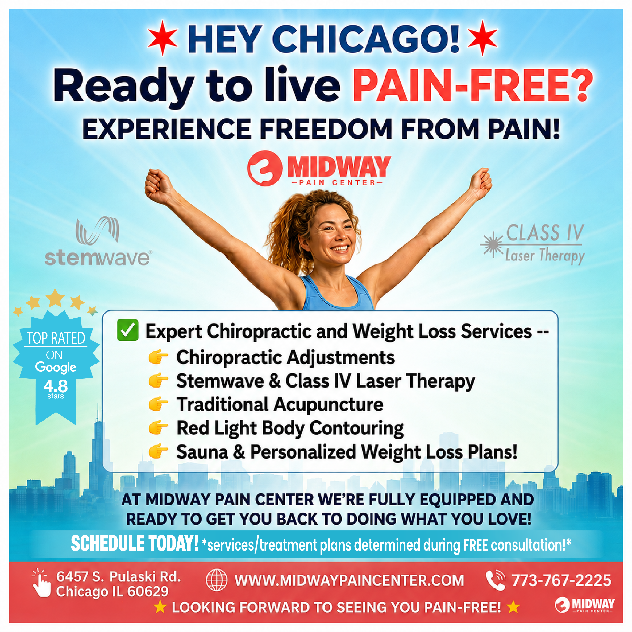 Midway Pain Center Facebook ad: Schedule Your FREE Consultation Today!