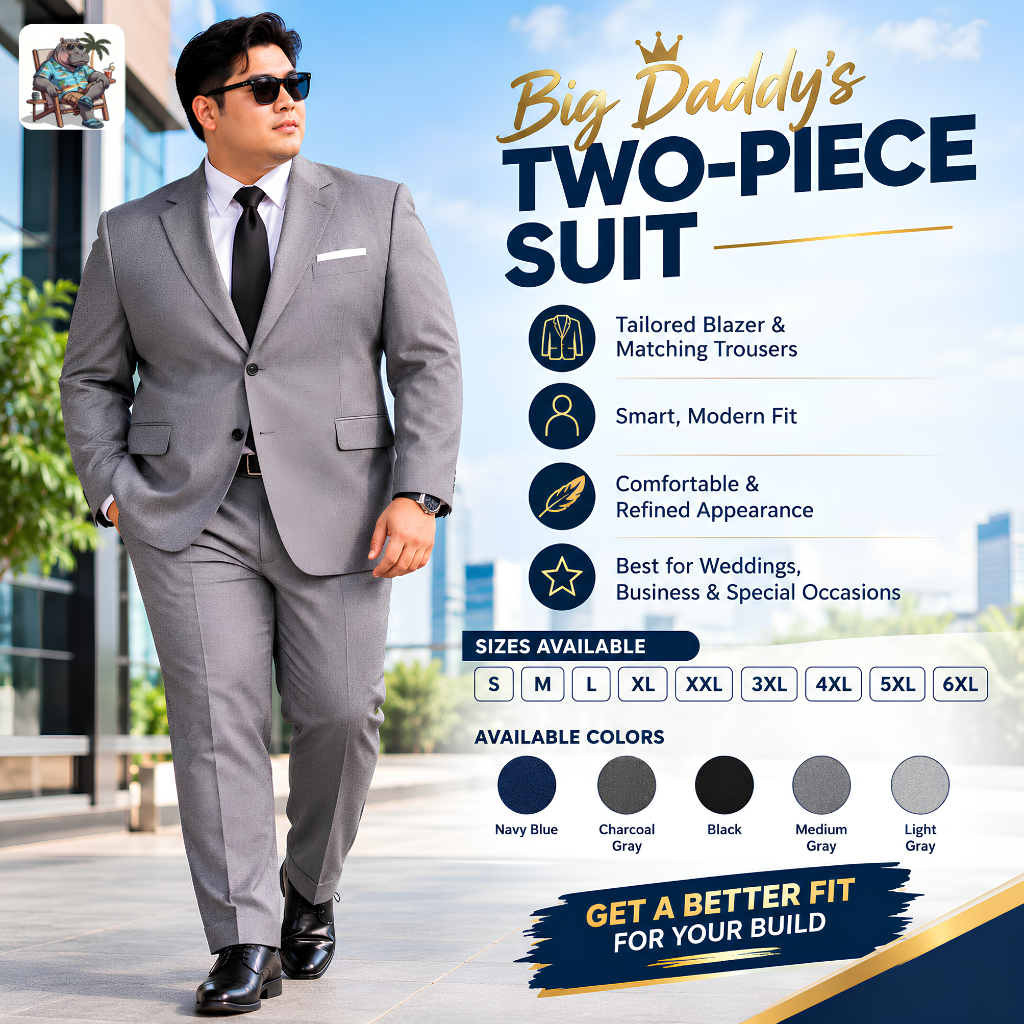 Bigdaddysislandwear Facebook ad: Big Guys Deserve a Suit That Actually Fits.
