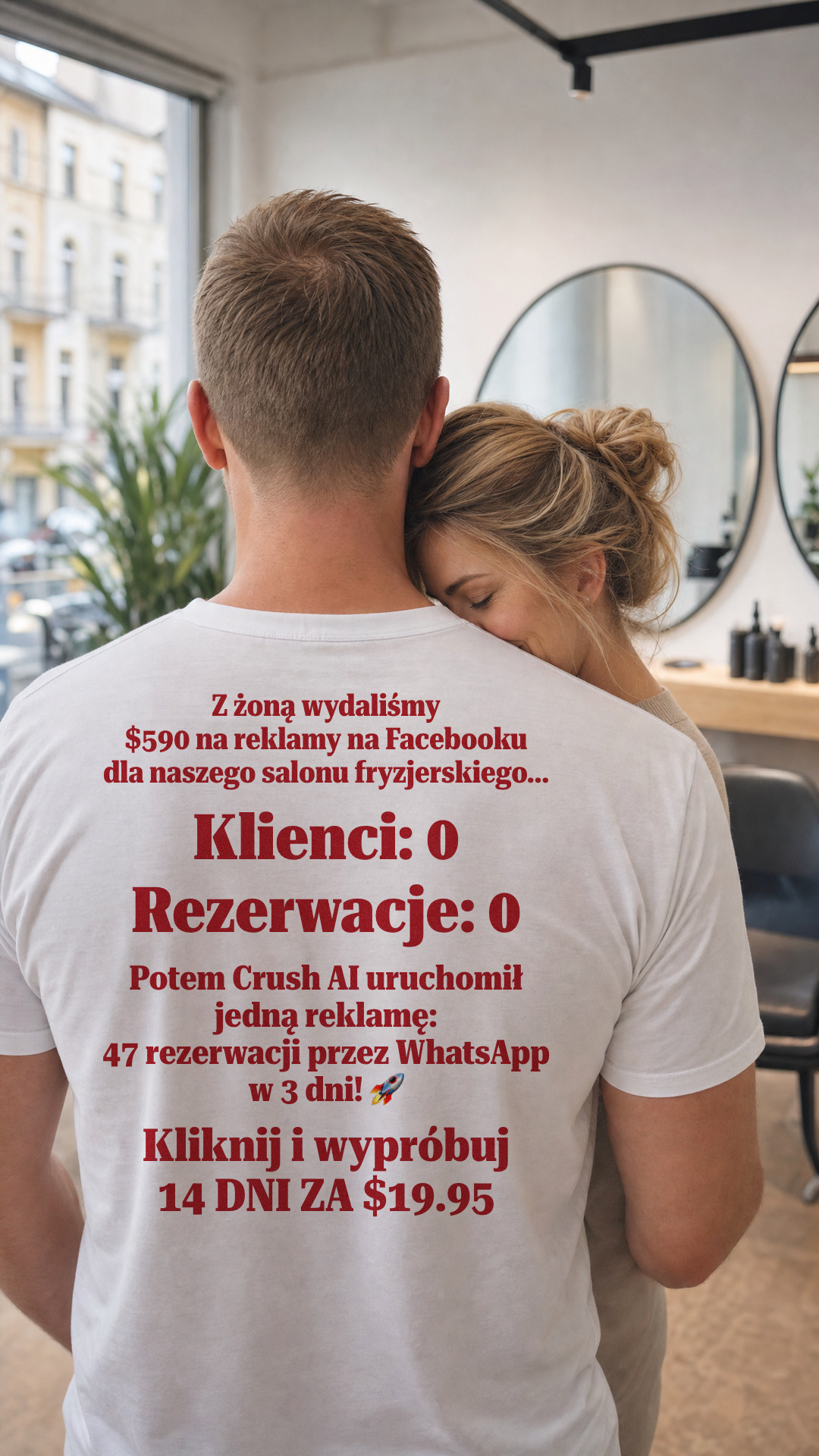 trycrush.ai Facebook ad: $590 i 0 rezerwacji. Potem 47 w 3 dni