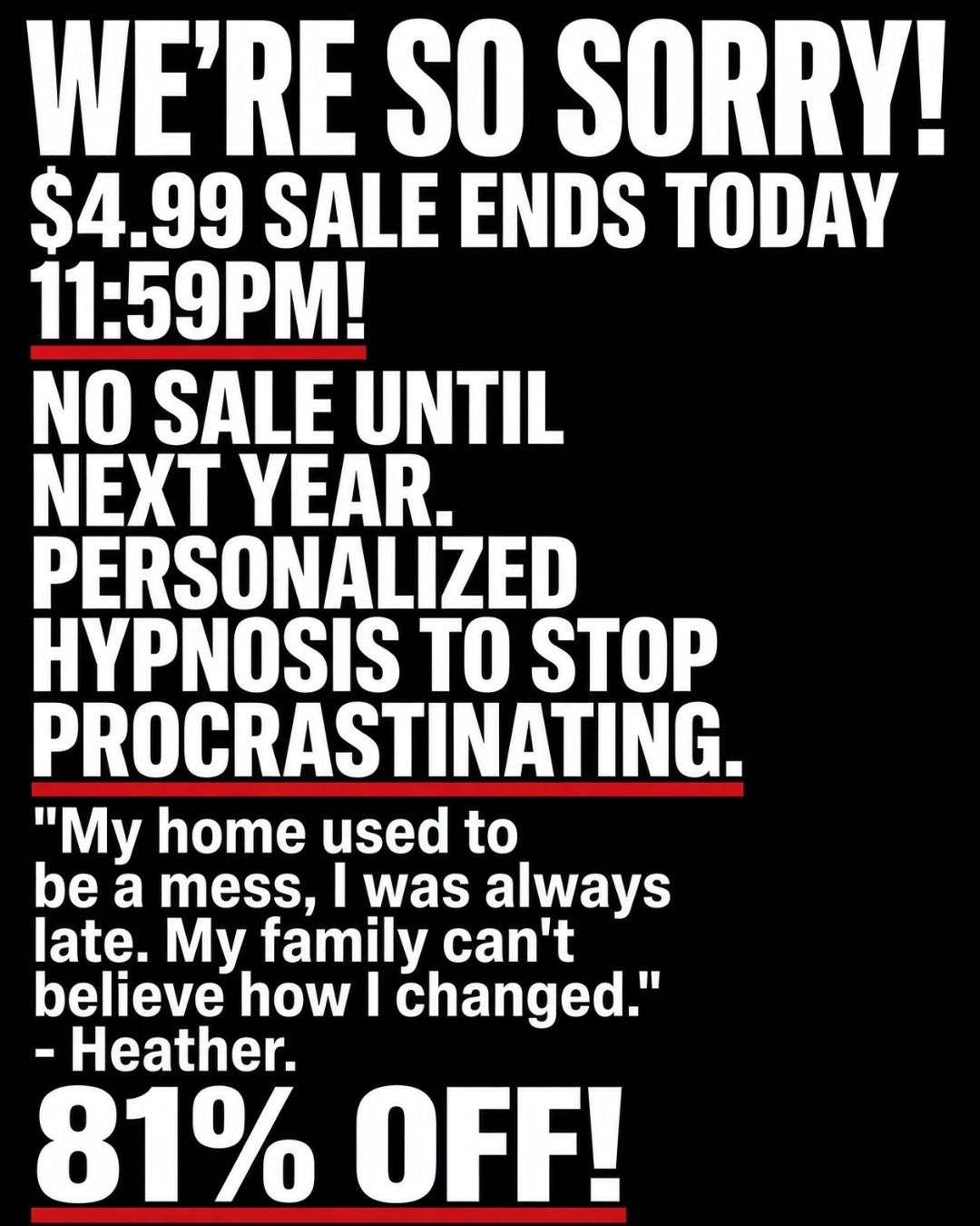 Hypnozio: power of hypnotherapy Facebook ad: Join Hypnotherapy Course To Beat Procrastination