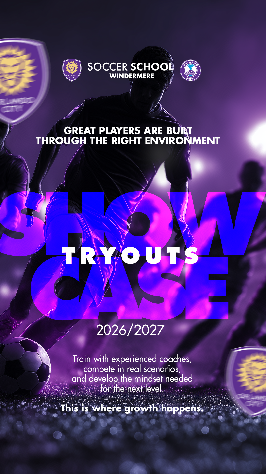 Windermere Orlando City Soccer School Facebook ad: The Tryout Showcase 2026/2027 is now open.