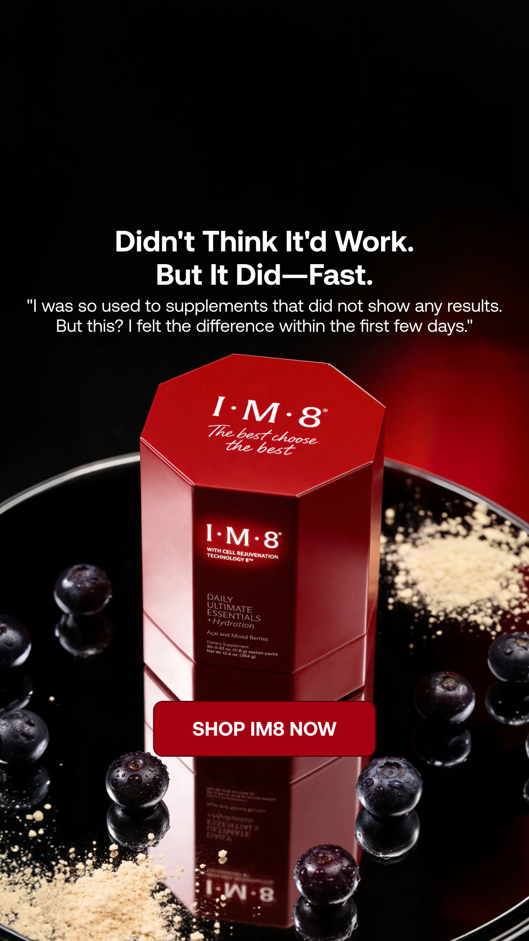 IM8 Facebook ad: One Scoop. 16 Supplements. Zero Guesswork.