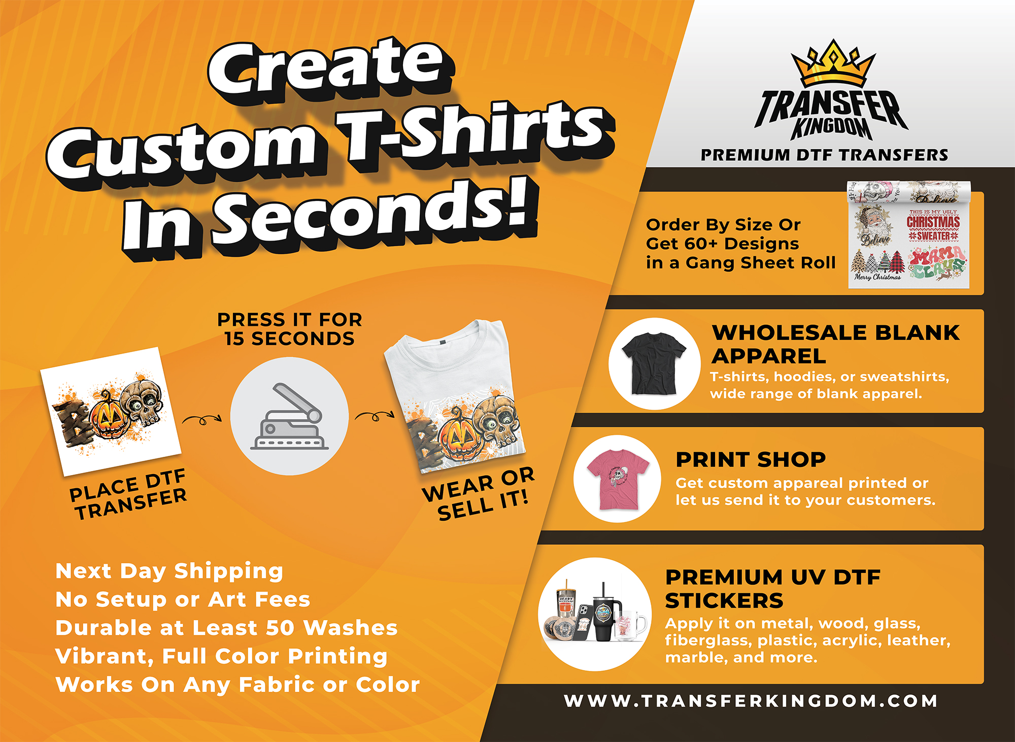 TransferKingdom Facebook ad: Ready-to-Wear Shirts in 15 Sec. Ships Next Day