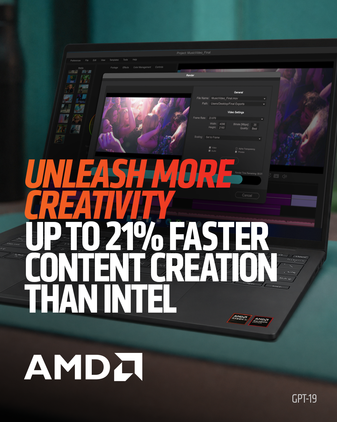 AMD Gaming Facebook ad: Unleash faster editing, powered by AMD Ryzen AI.