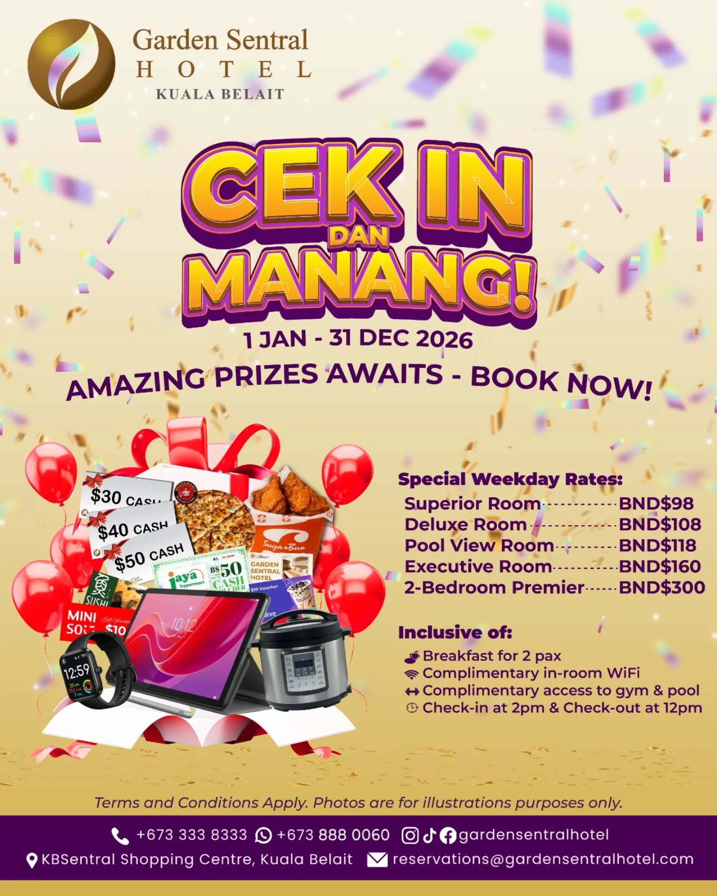 Garden Sentral Hotel Facebook ad: Cek in Dan Manang special weekday rates!