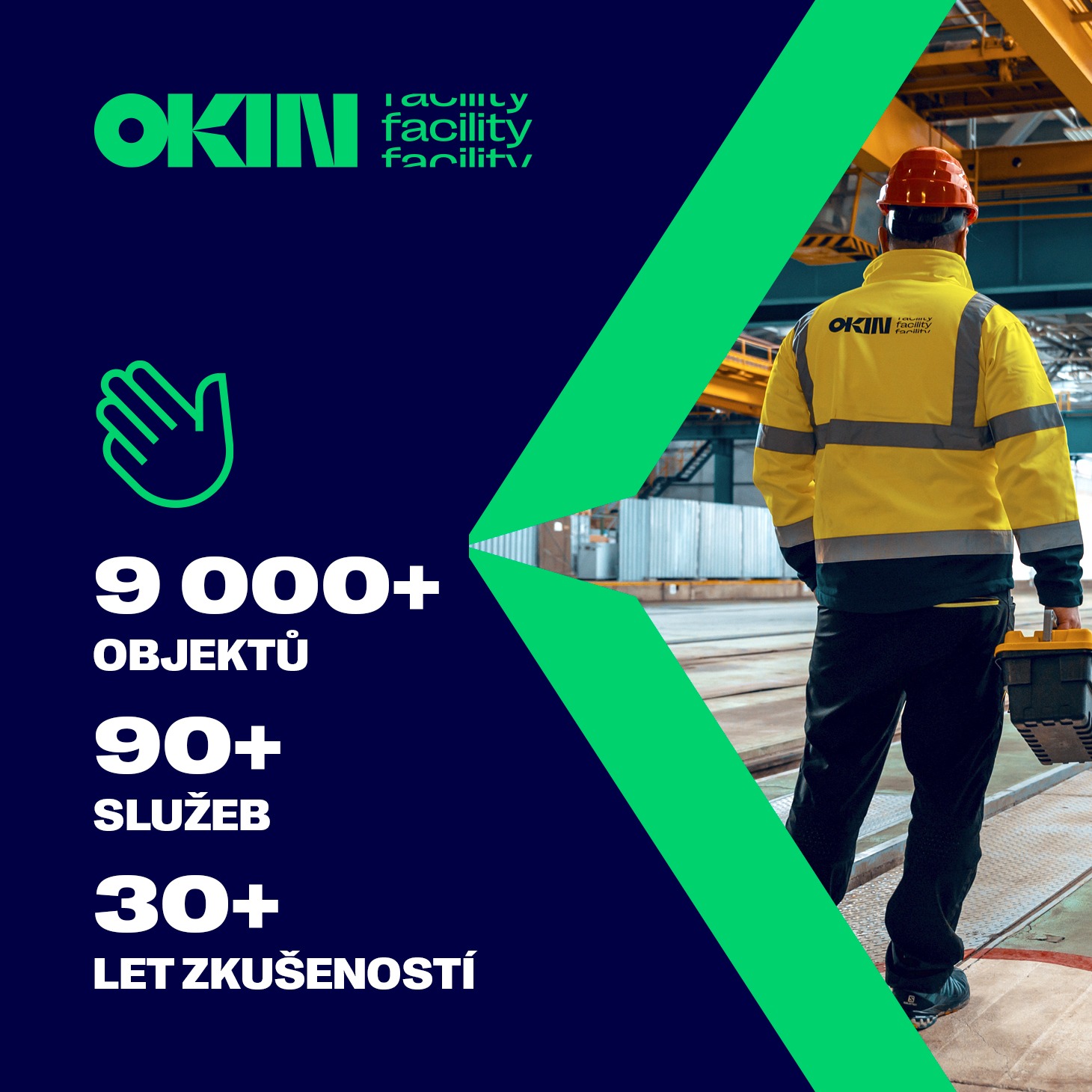 OKIN Facility Facebook ad: Snižte náklady a zefektivněte správu objektů s OKIN…